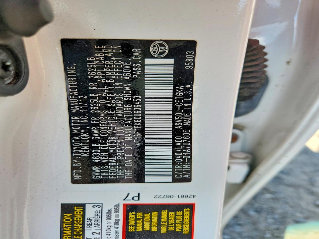 2012 Toyota Camry Xle Белый vin: 4T1BF1FK6CU636453