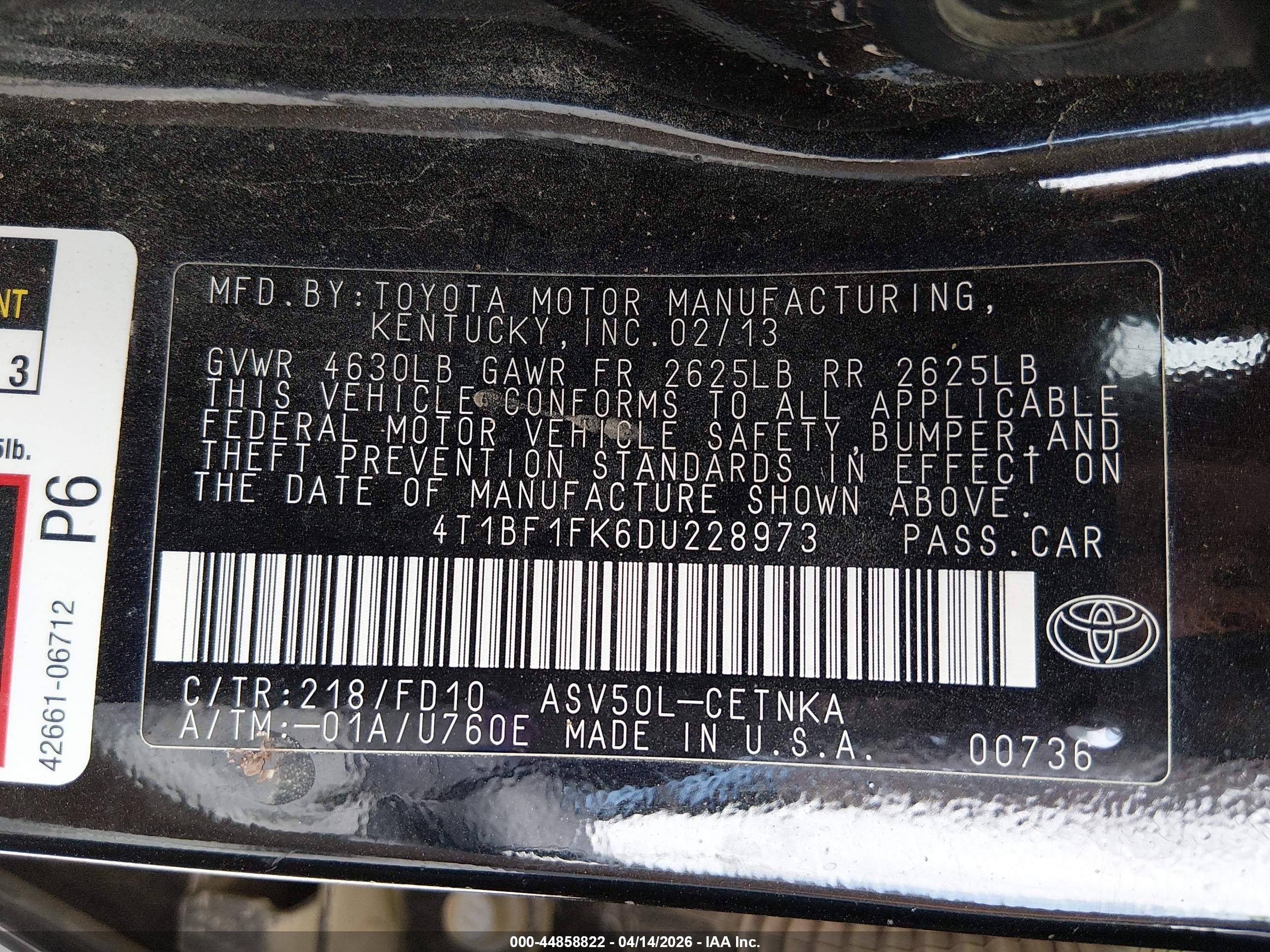2013 Toyota Camry Le Black vin: 4T1BF1FK6DU228973
