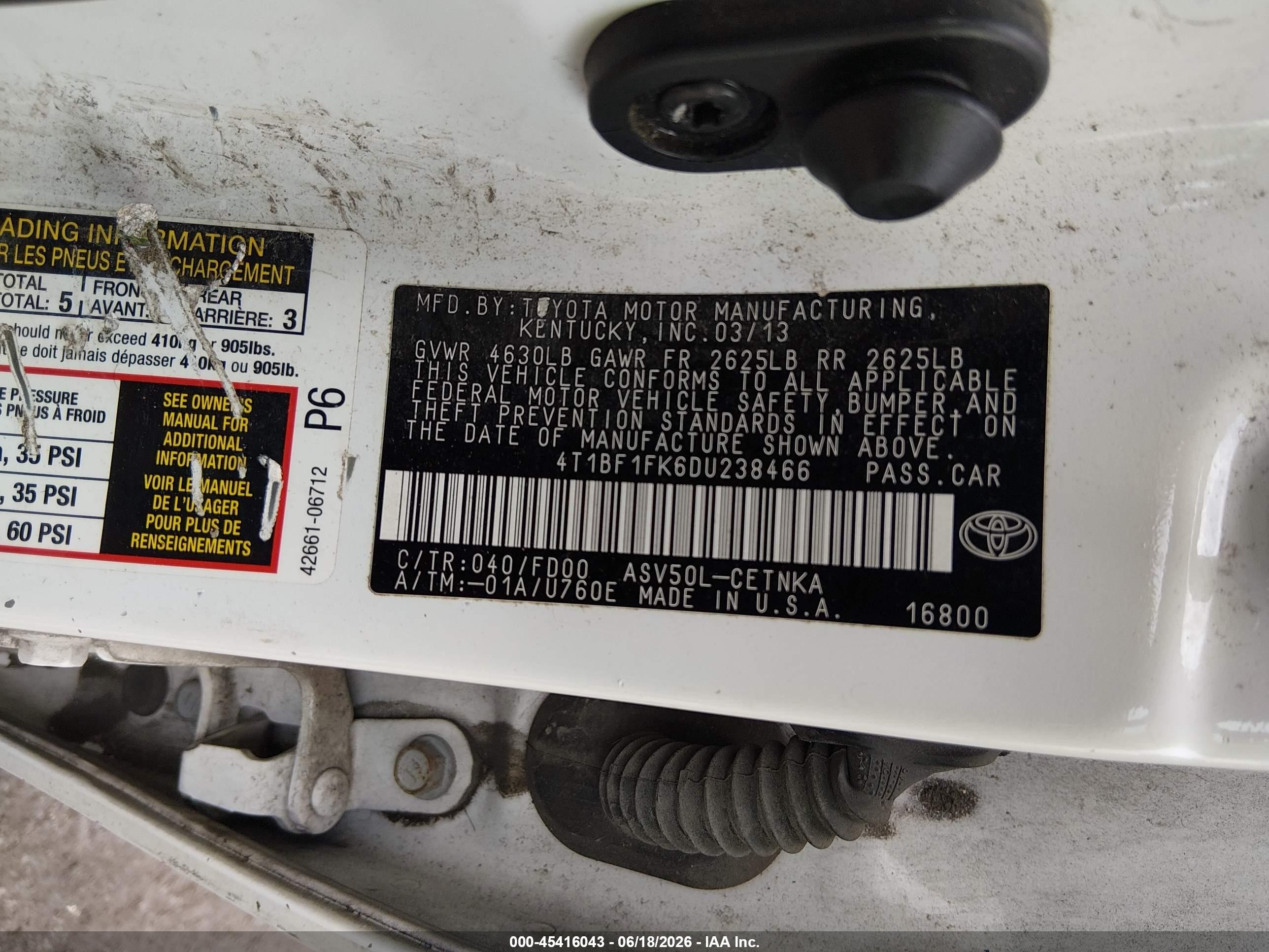 2013 Toyota Camry Le White vin: 4T1BF1FK6DU238466