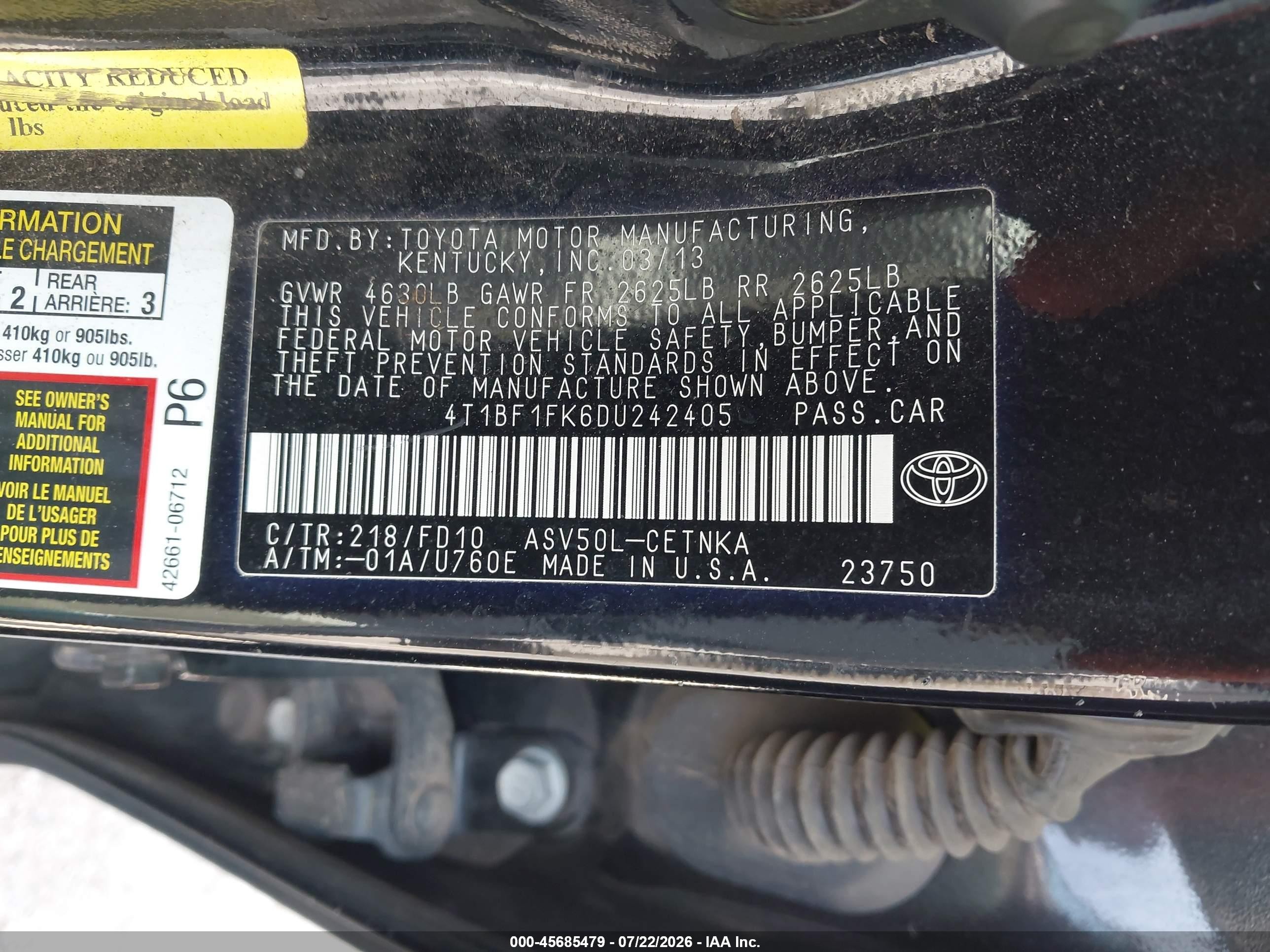 2013 Toyota Camry Le Черный vin: 4T1BF1FK6DU242405