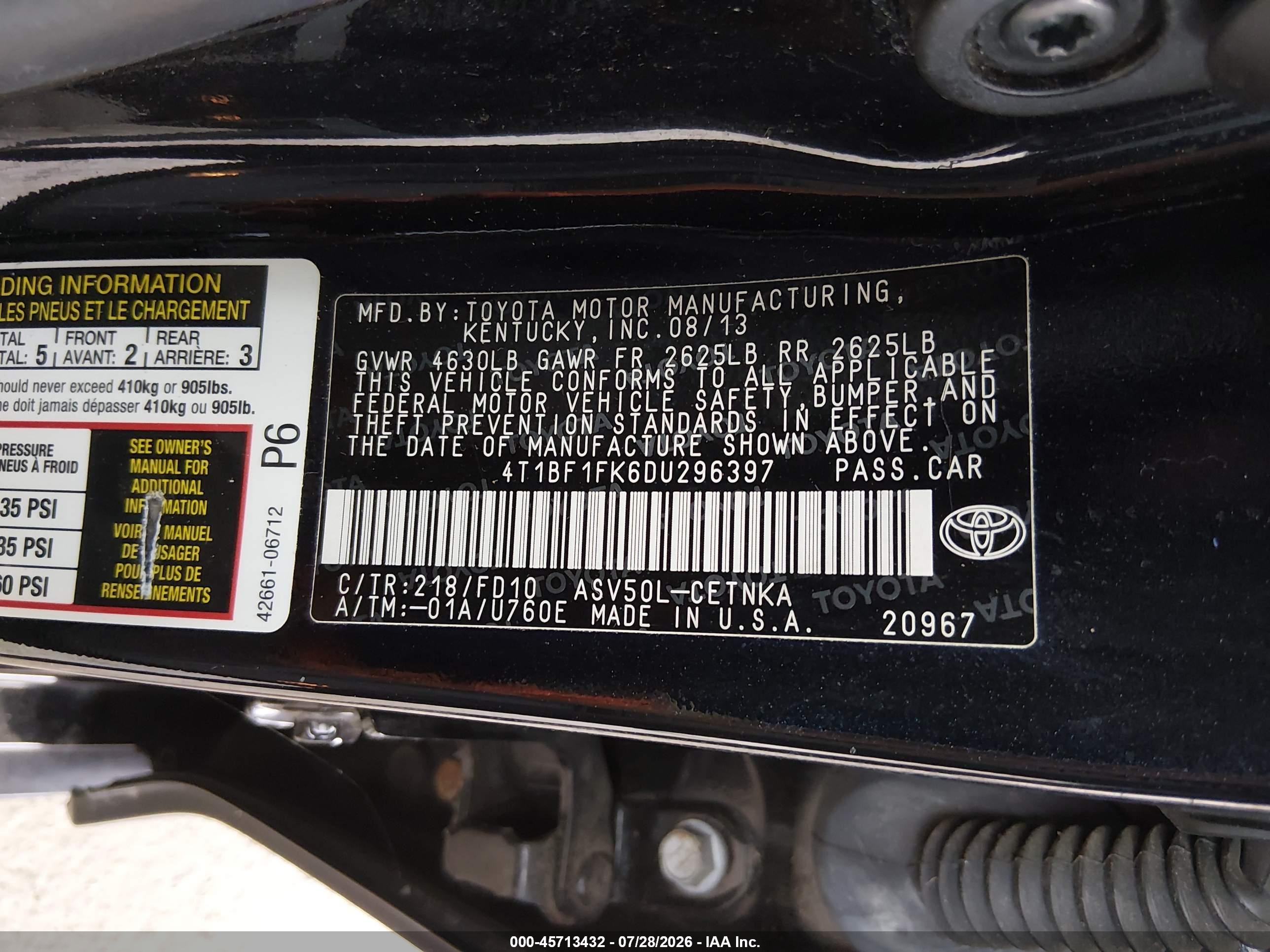 2013 Toyota Camry Le Black vin: 4T1BF1FK6DU296397