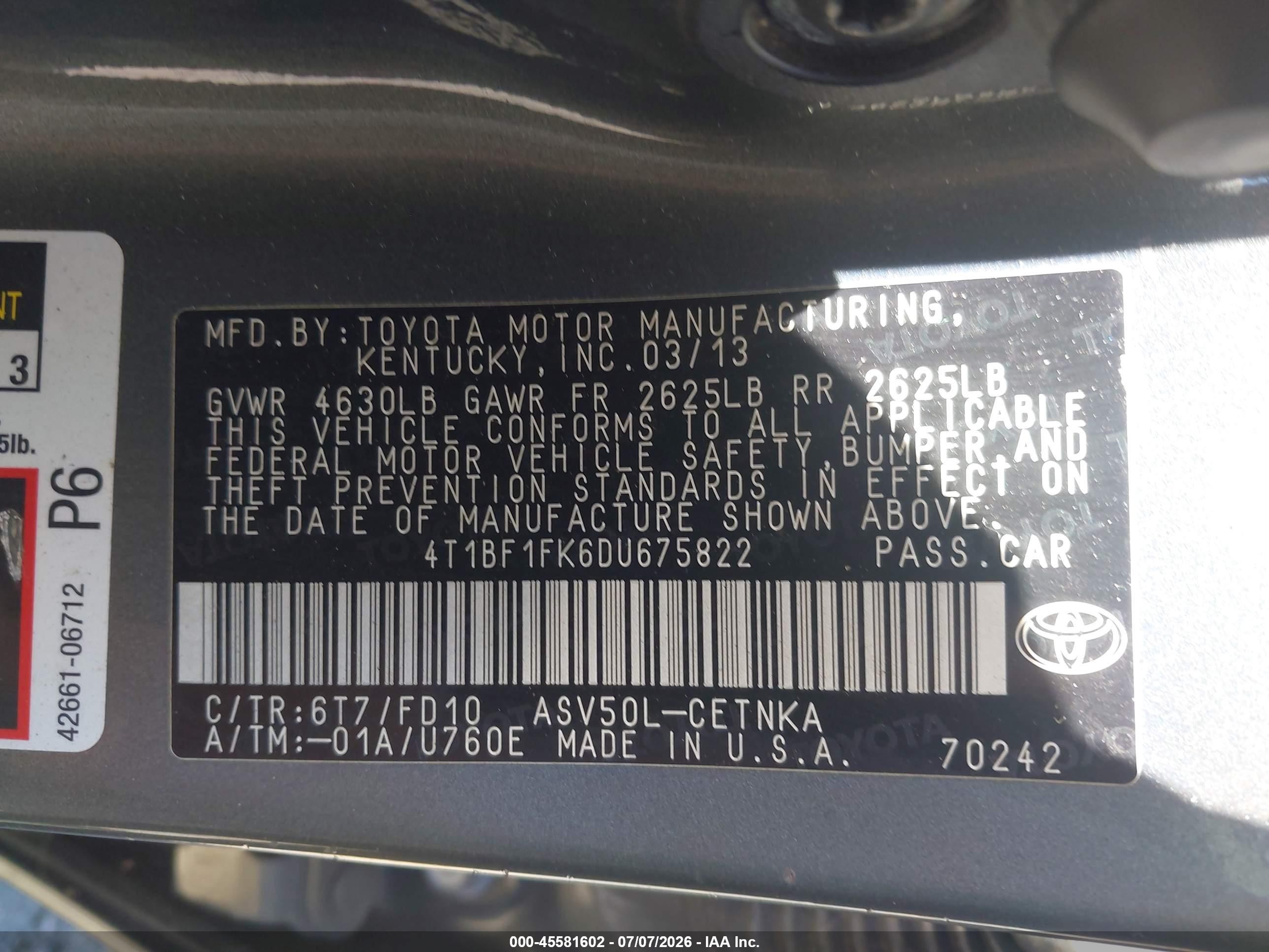 2013 Toyota Camry Le Gray vin: 4T1BF1FK6DU675822
