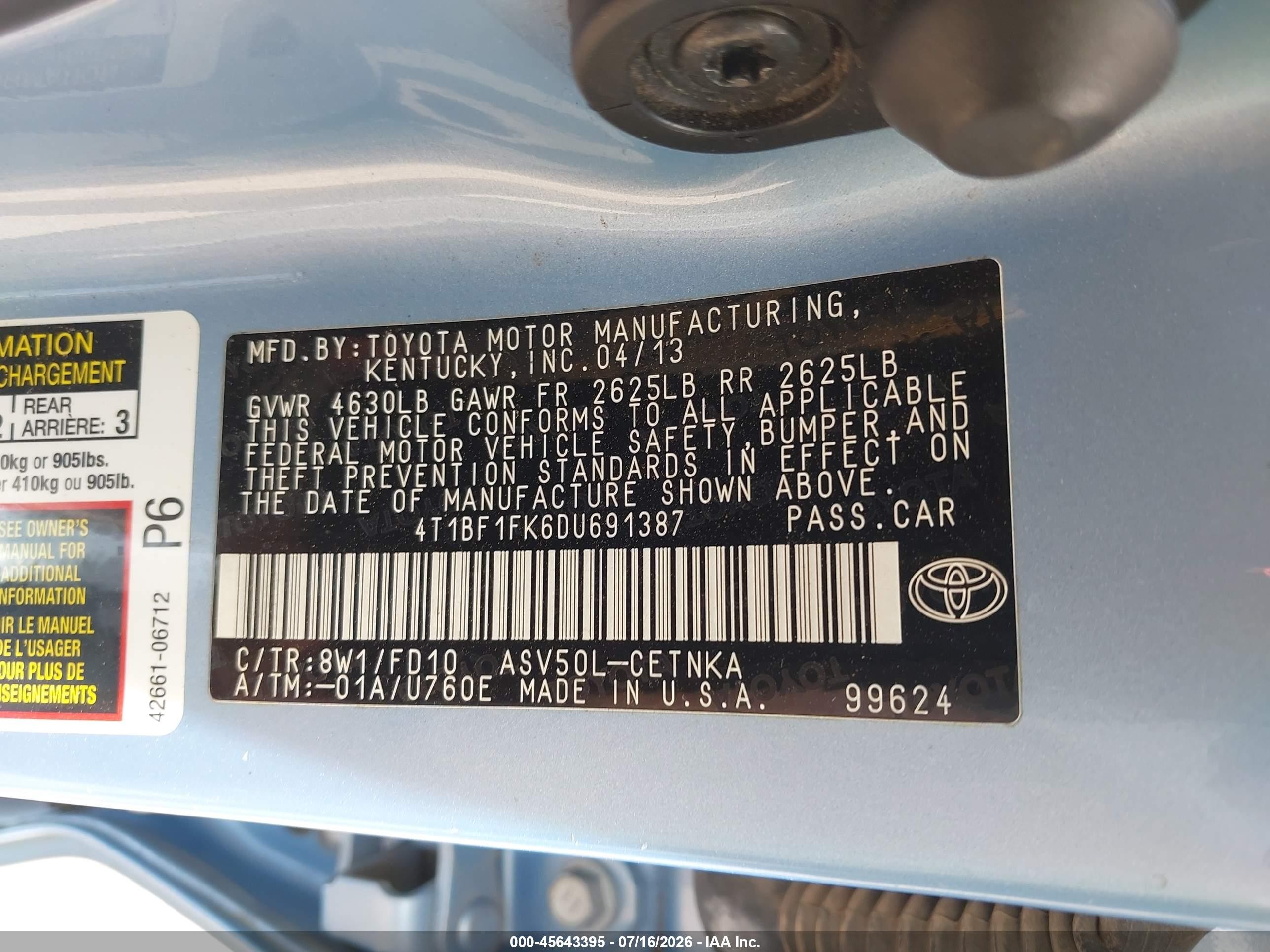 2013 Toyota Camry Le Light Blue vin: 4T1BF1FK6DU691387