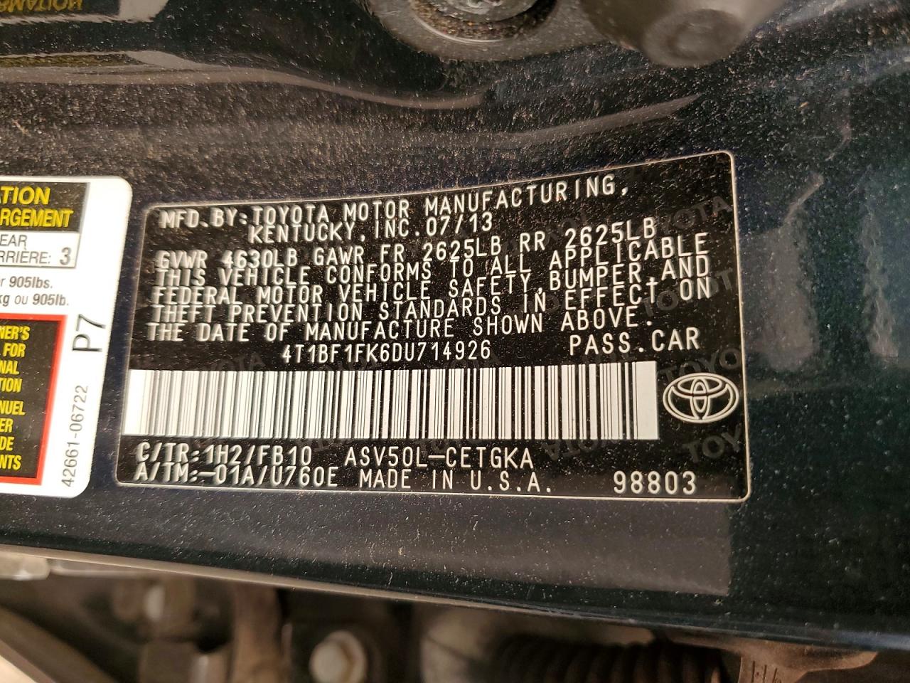 2013 Toyota Camry Xle Gray vin: 4T1BF1FK6DU714926