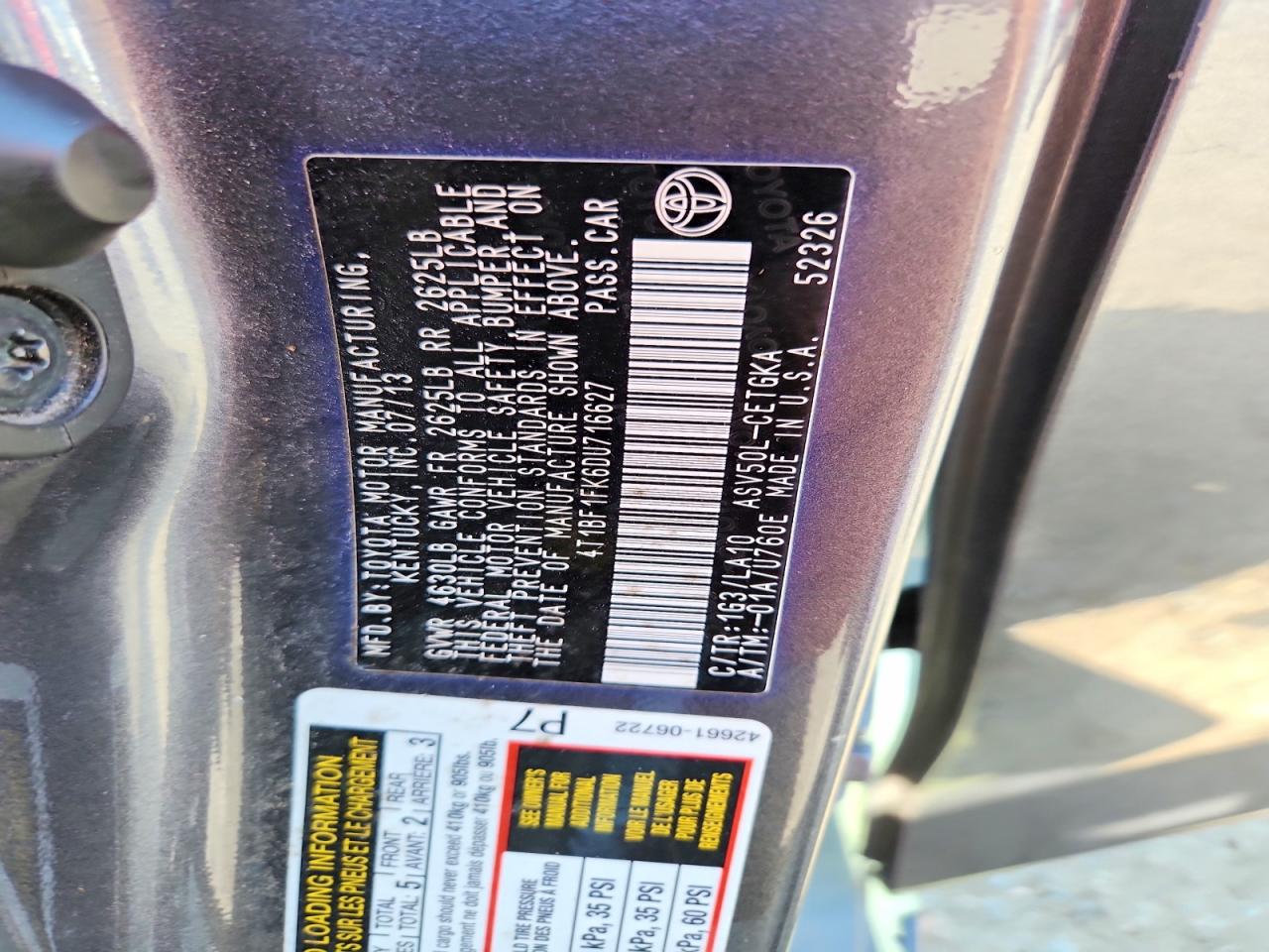 2013 Toyota Camry Xle Угольный vin: 4T1BF1FK6DU716627