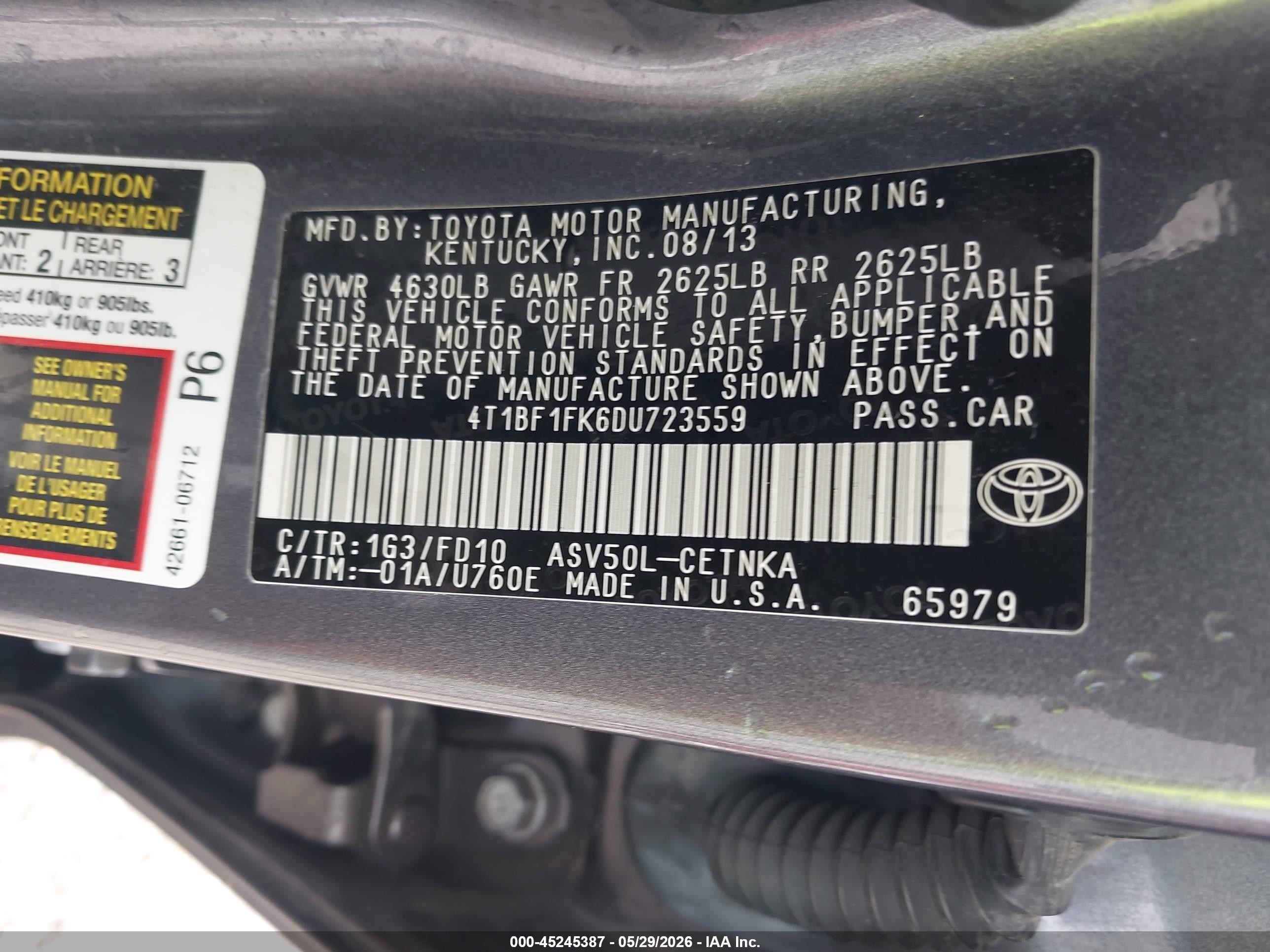 2013 Toyota Camry Le Gray vin: 4T1BF1FK6DU723559