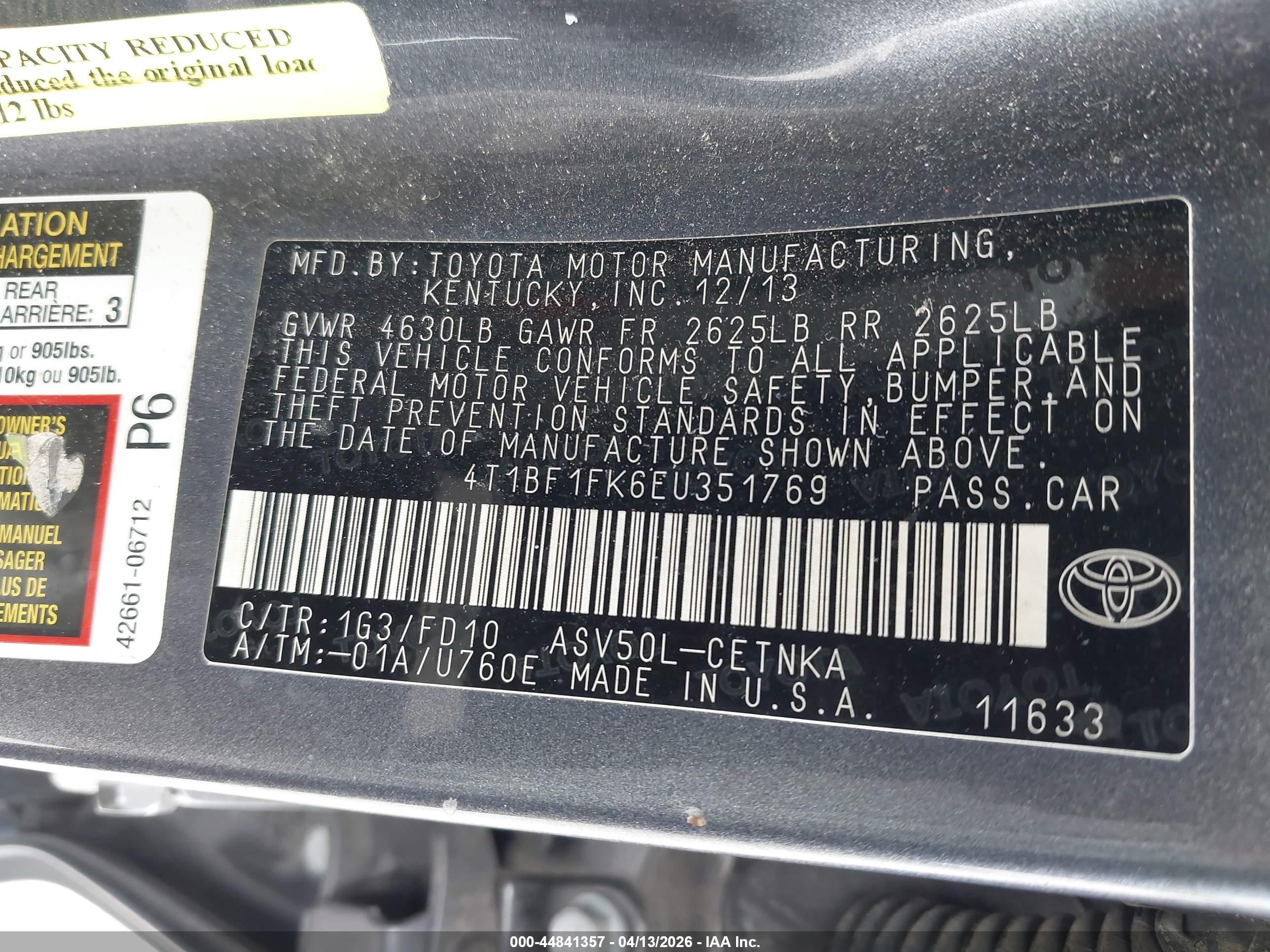 2014 Toyota Camry Le Gray vin: 4T1BF1FK6EU351769