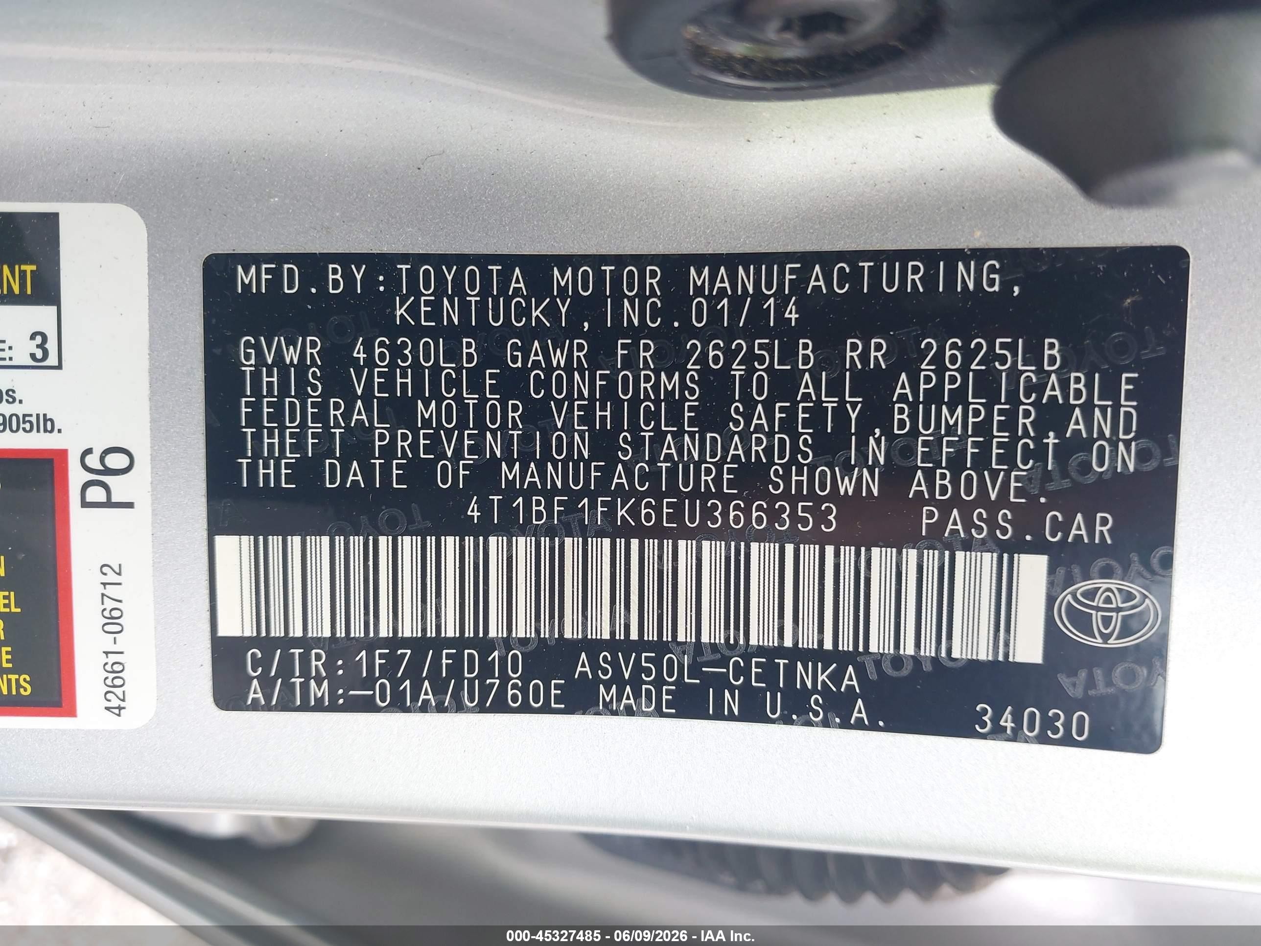 2014 Toyota Camry Le Silver vin: 4T1BF1FK6EU366353
