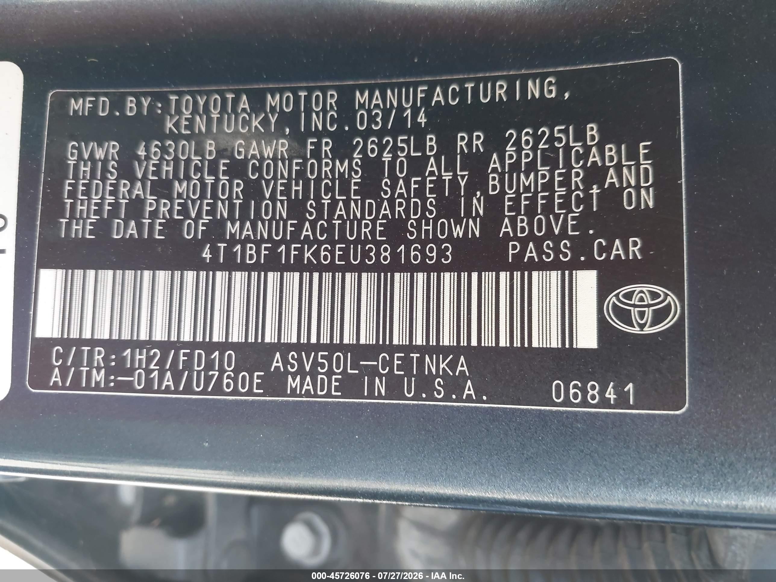 2014 Toyota Camry Le Black vin: 4T1BF1FK6EU381693