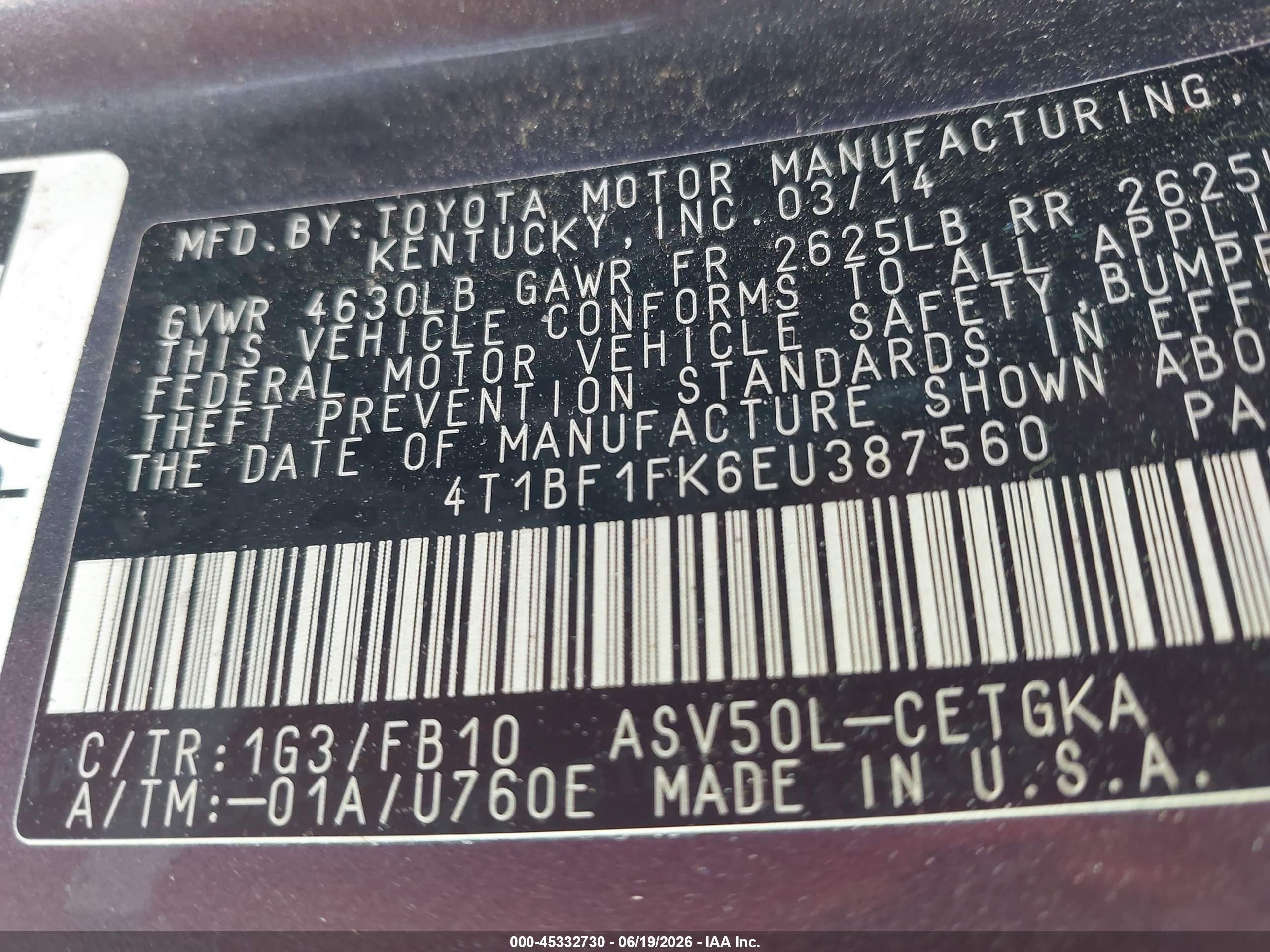 2014 Toyota Camry Xle Серый vin: 4T1BF1FK6EU387560