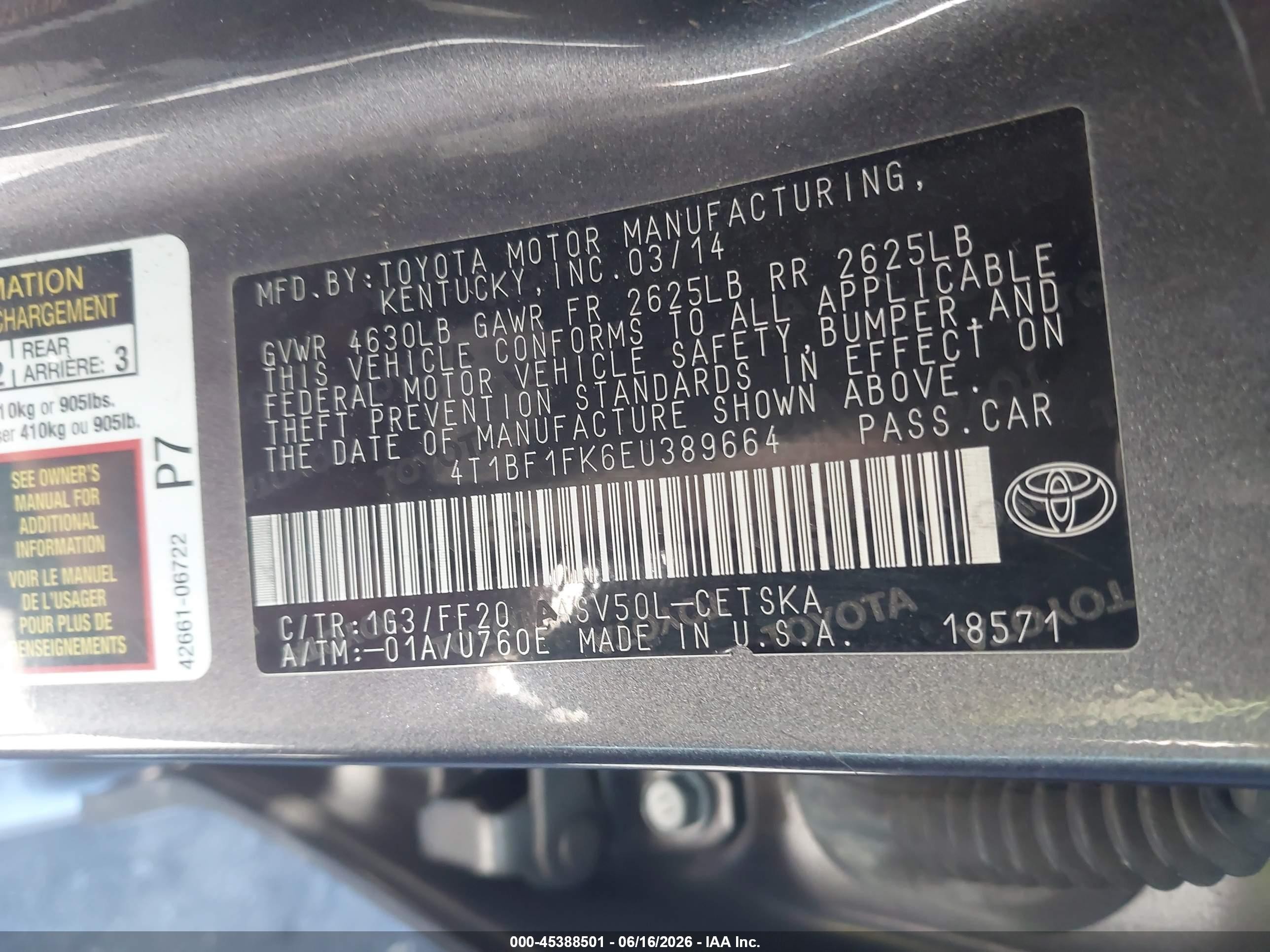 2014 Toyota Camry Se Gray vin: 4T1BF1FK6EU389664