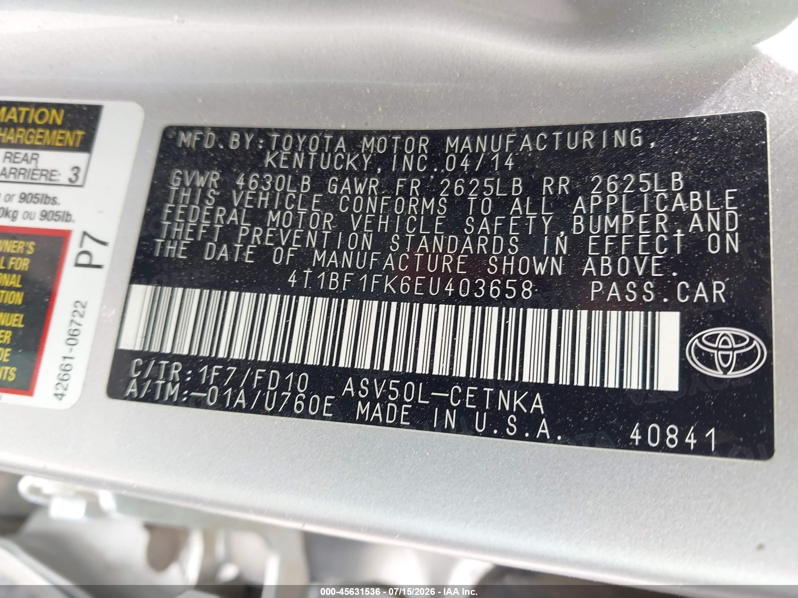 2014 Toyota Camry Le Silver vin: 4T1BF1FK6EU403658
