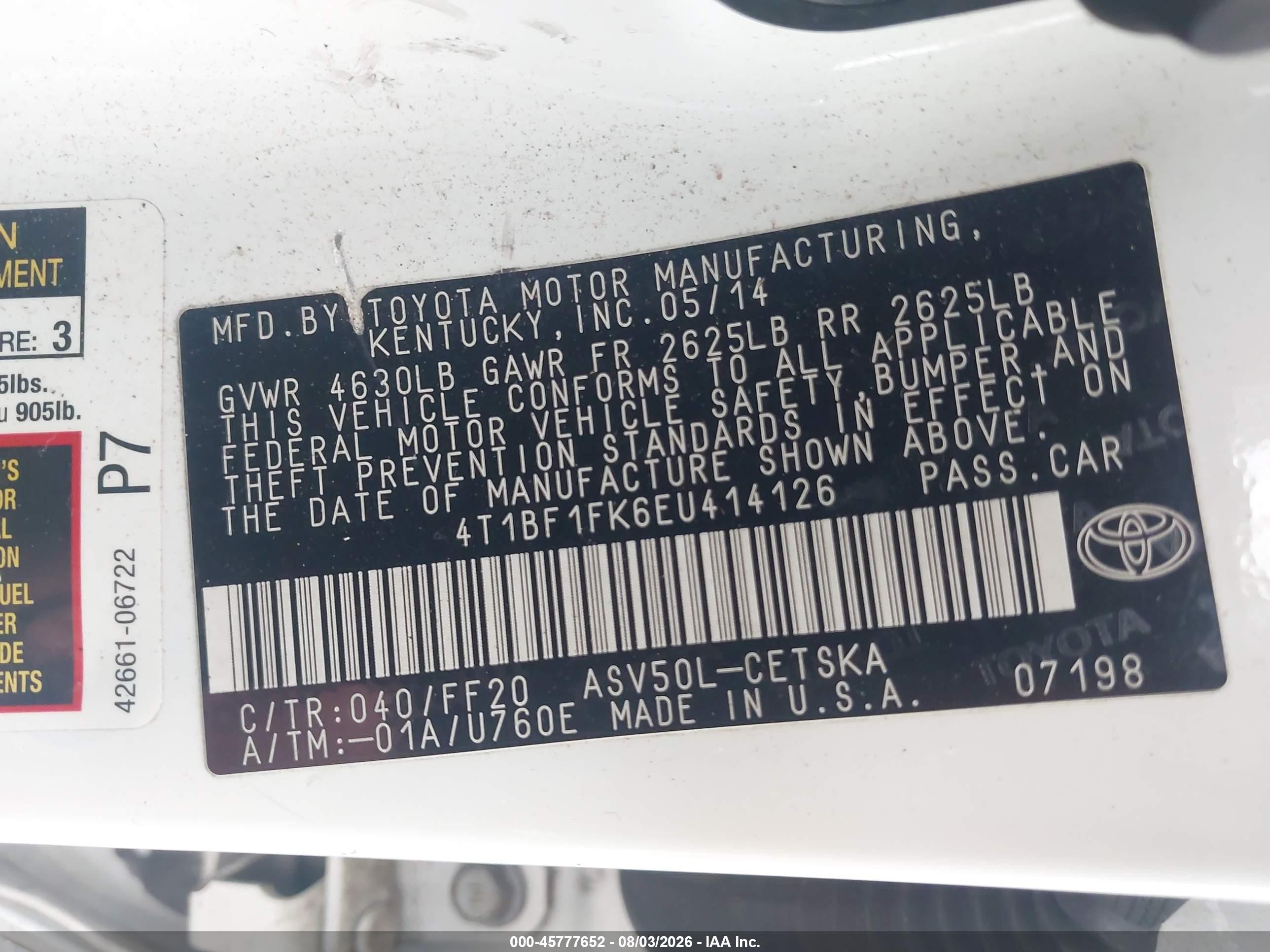 2014 Toyota Camry Se White vin: 4T1BF1FK6EU414126