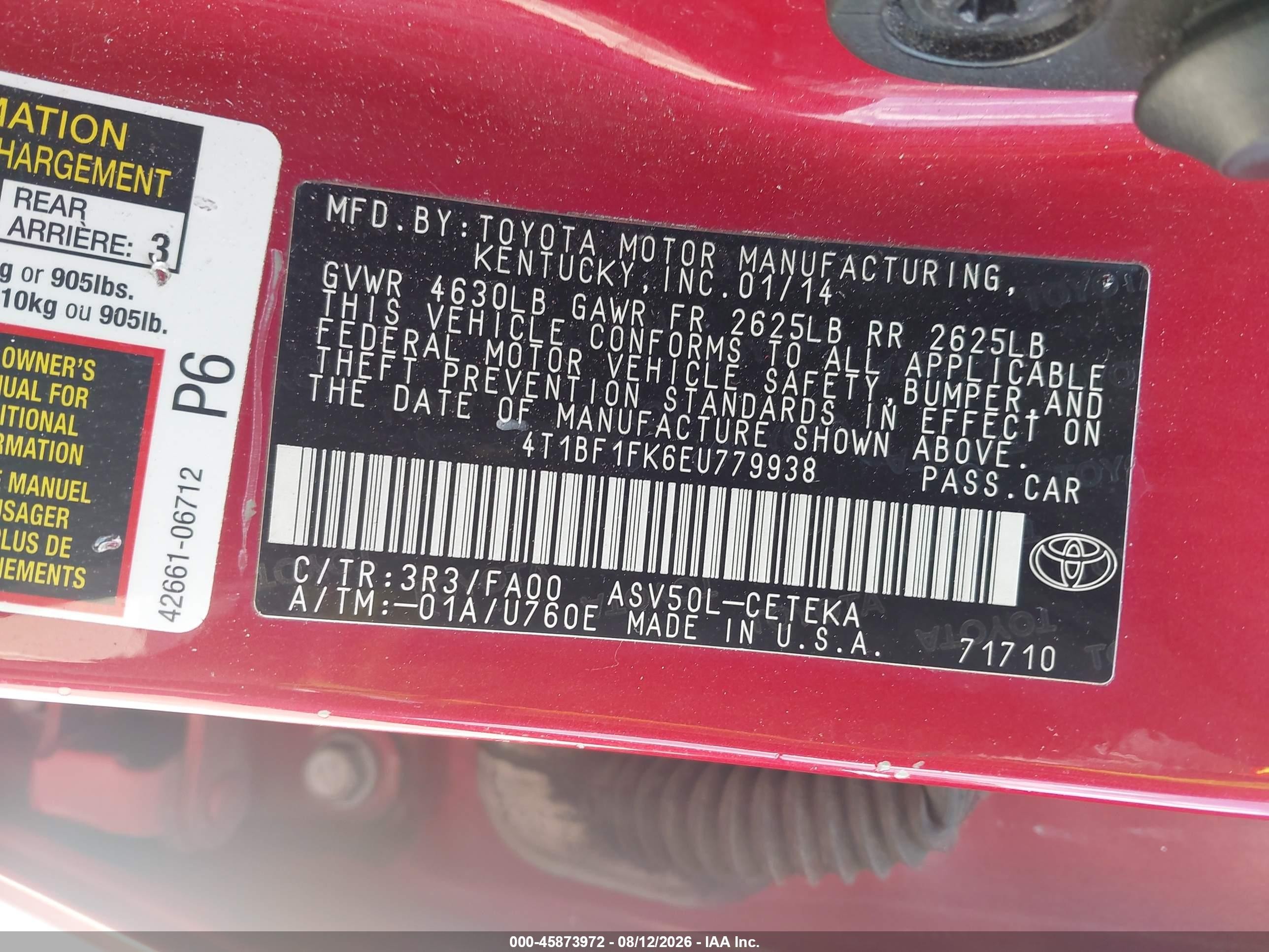 2014 Toyota Camry L Red vin: 4T1BF1FK6EU779938