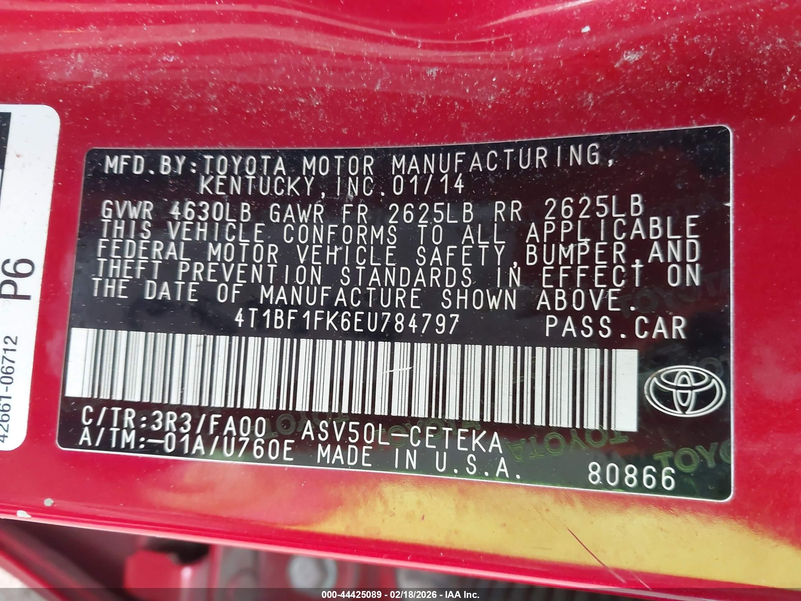 2014 Toyota Camry L Red vin: 4T1BF1FK6EU784797