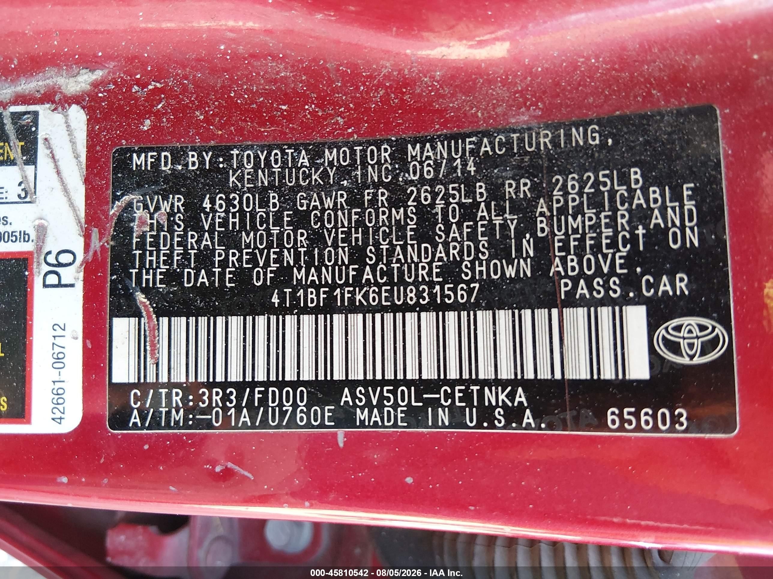 2014 Toyota Camry Le Red vin: 4T1BF1FK6EU831567
