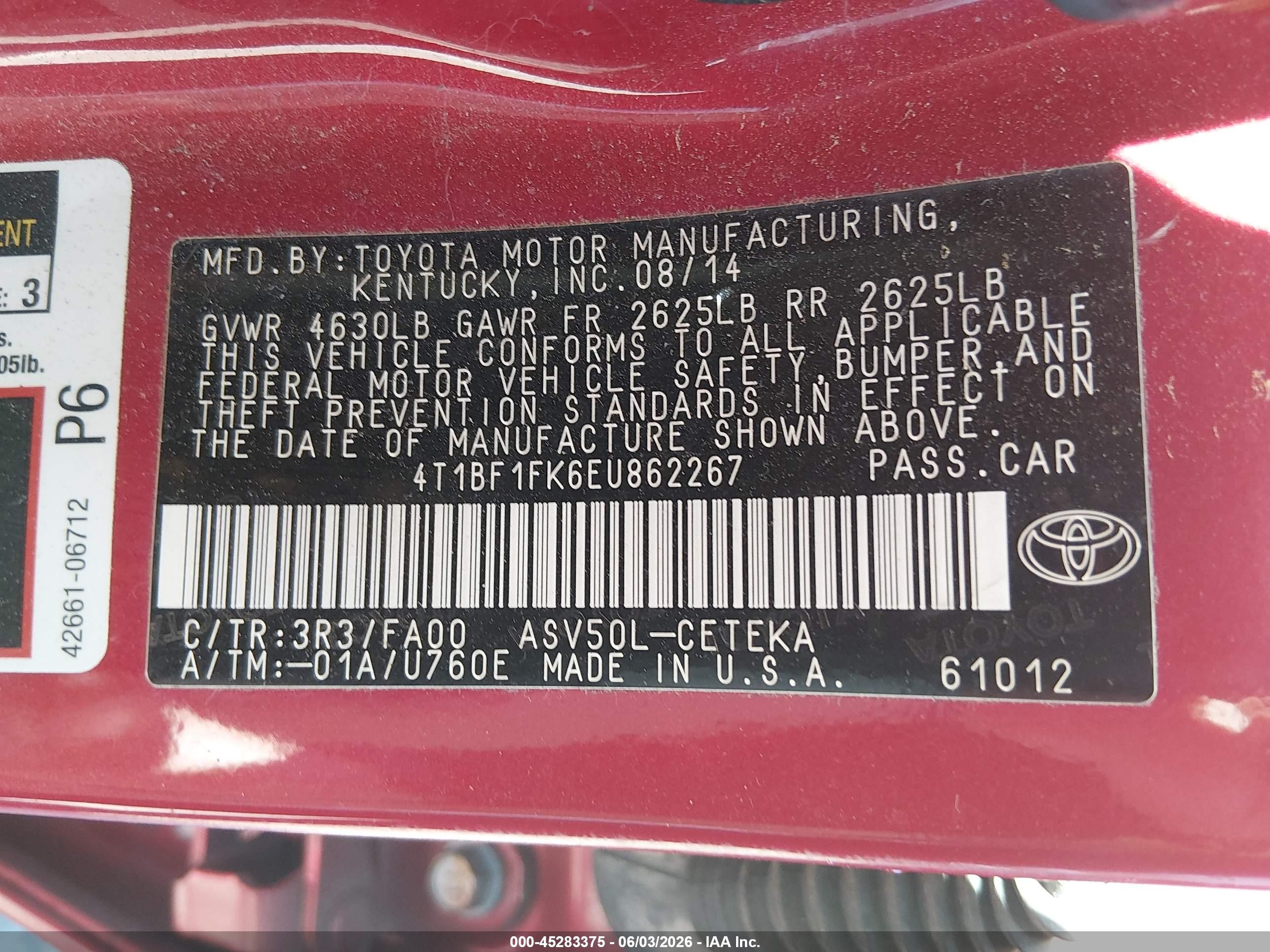 2014 Toyota Camry L Red vin: 4T1BF1FK6EU862267