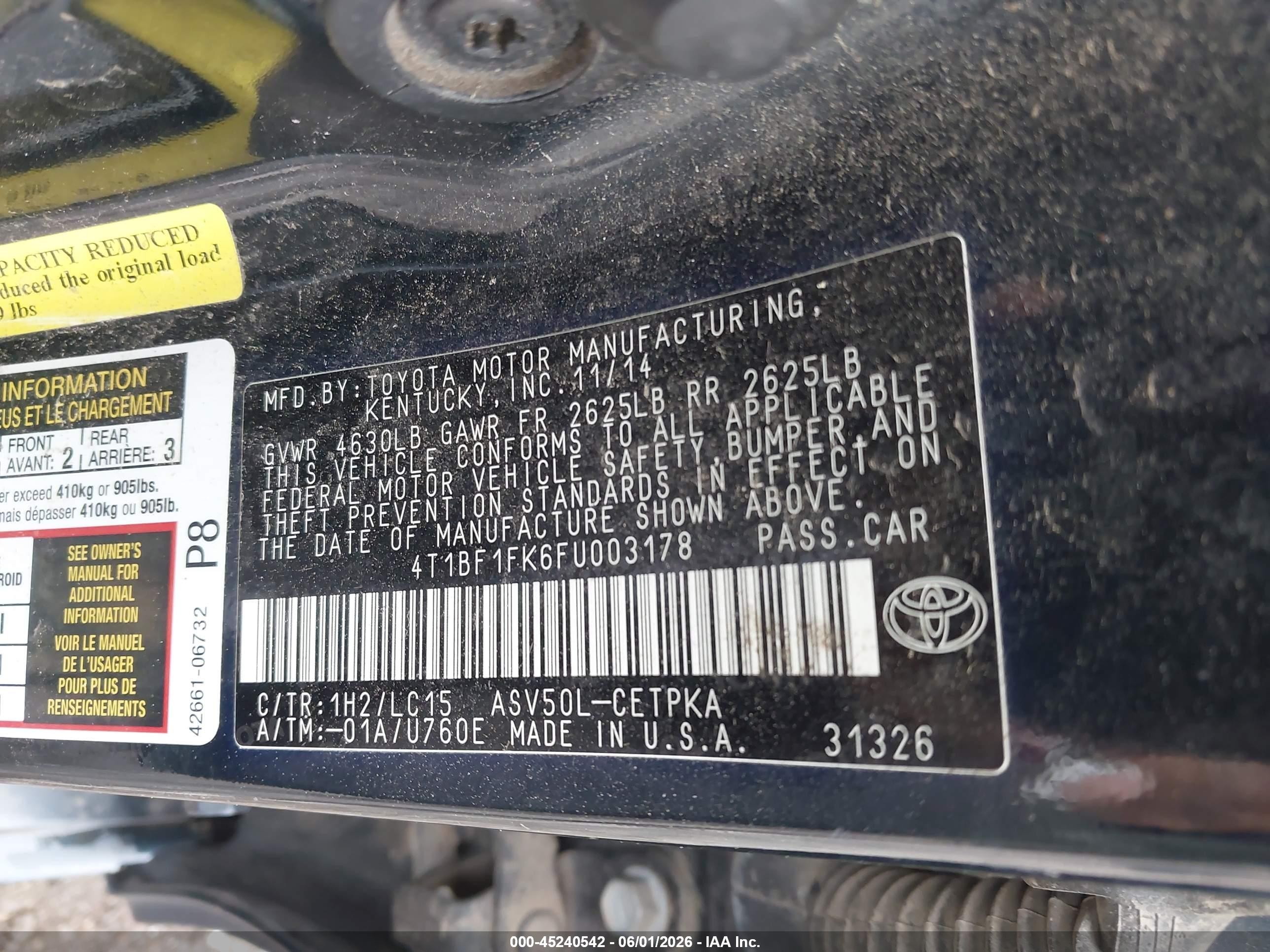 2015 Toyota Camry Xse Navy vin: 4T1BF1FK6FU003178