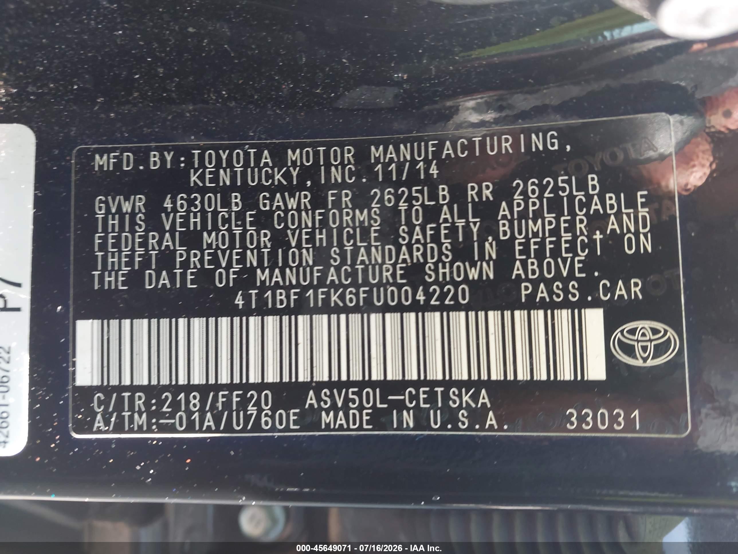 2015 Toyota Camry Se Black vin: 4T1BF1FK6FU004220