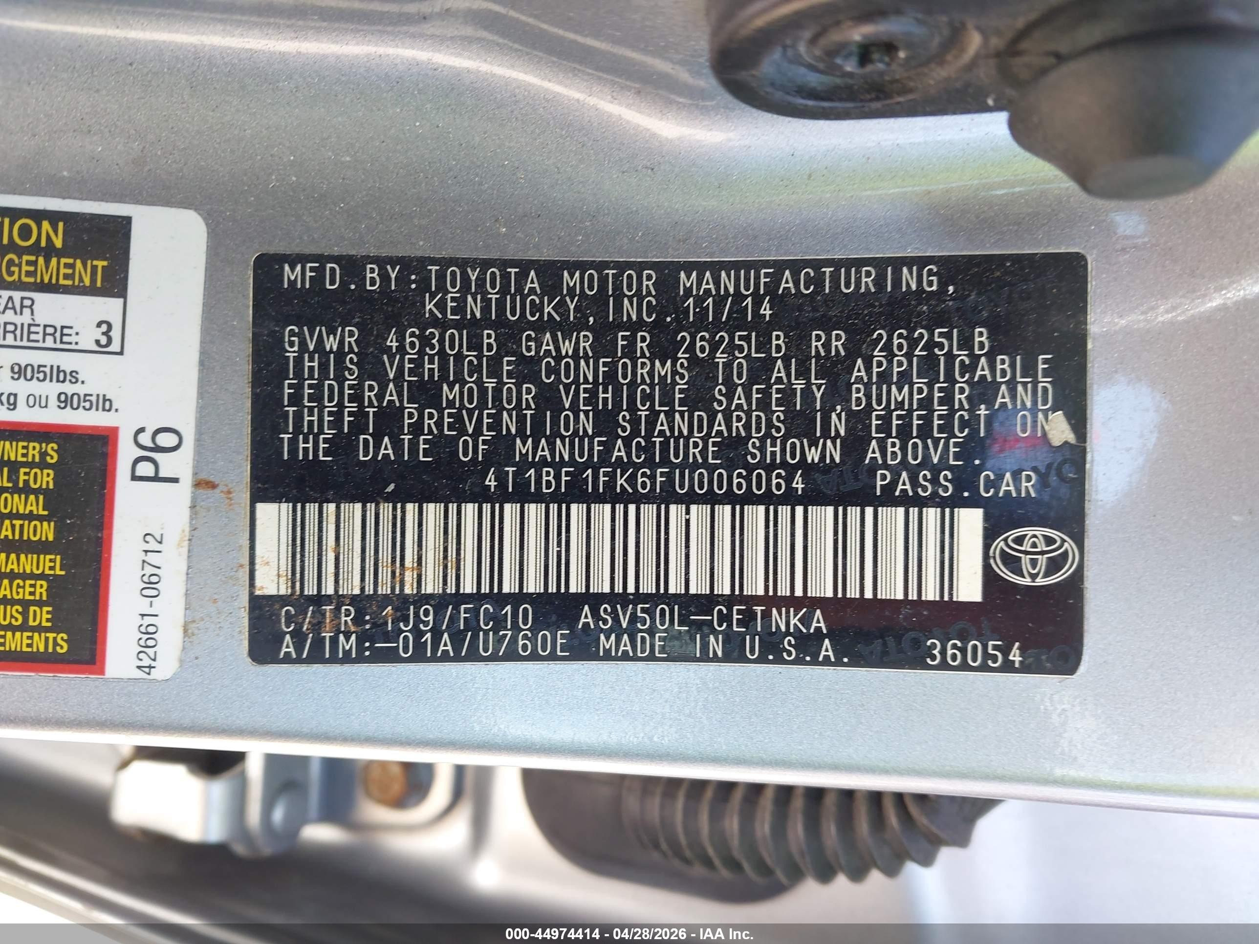 2015 Toyota Camry Le Серый vin: 4T1BF1FK6FU006064
