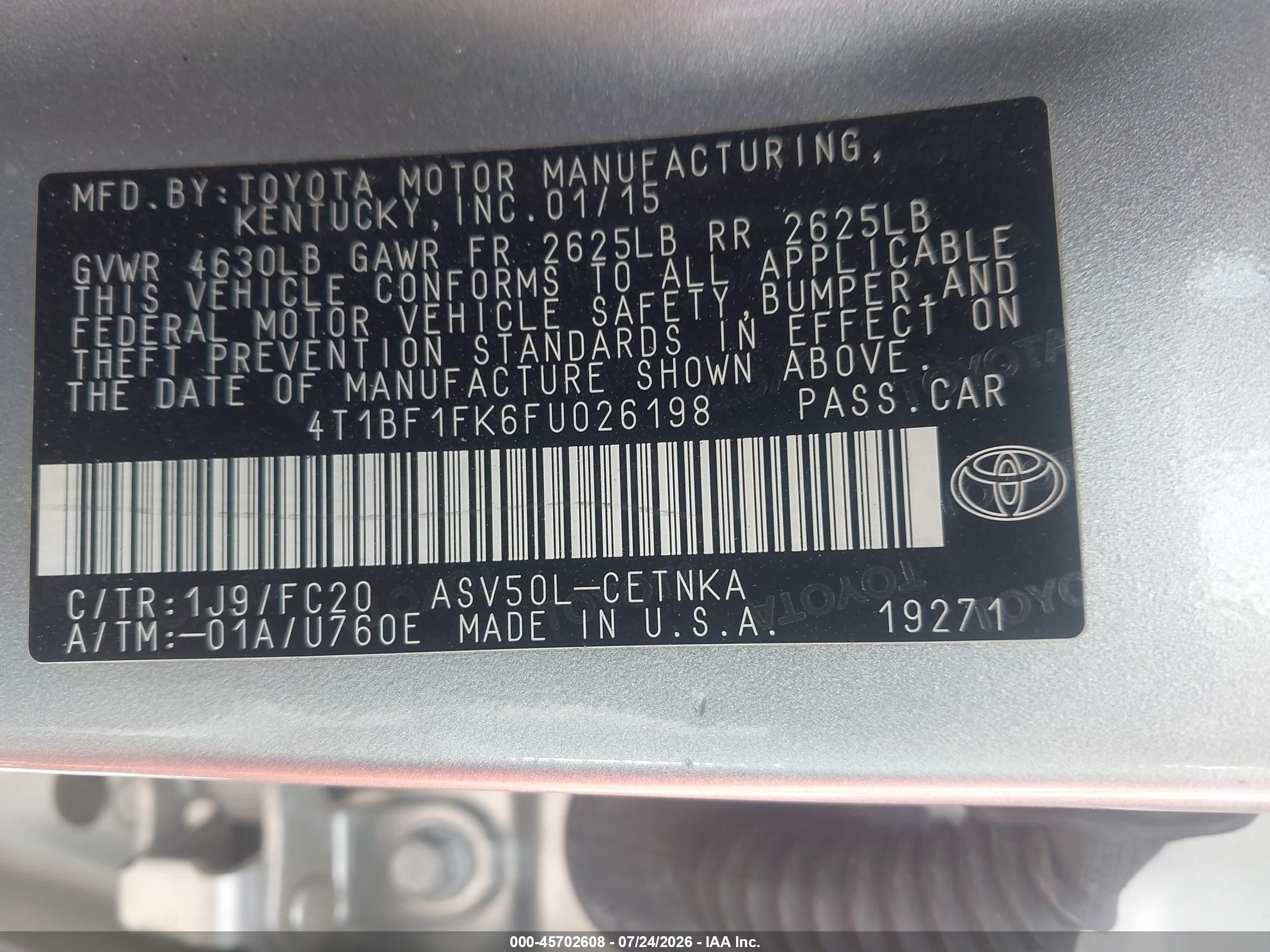 2015 Toyota Camry Le Silver vin: 4T1BF1FK6FU026198