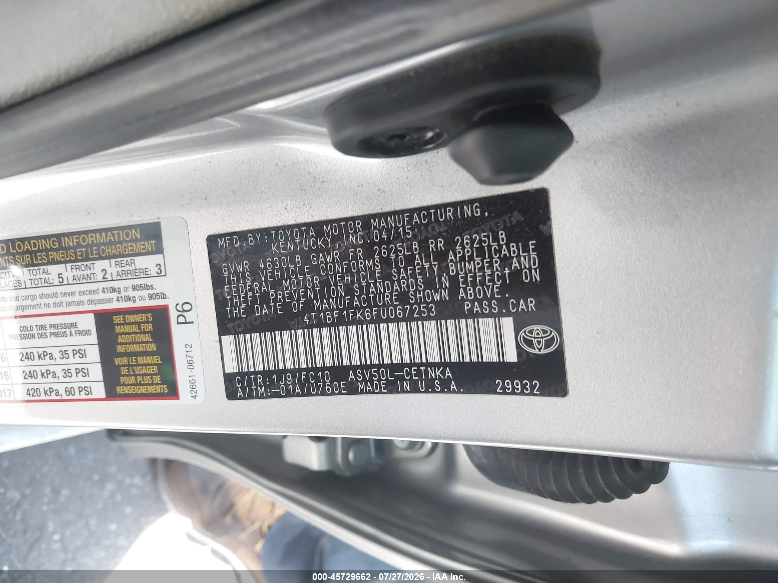 2015 Toyota Camry Le Silver vin: 4T1BF1FK6FU067253