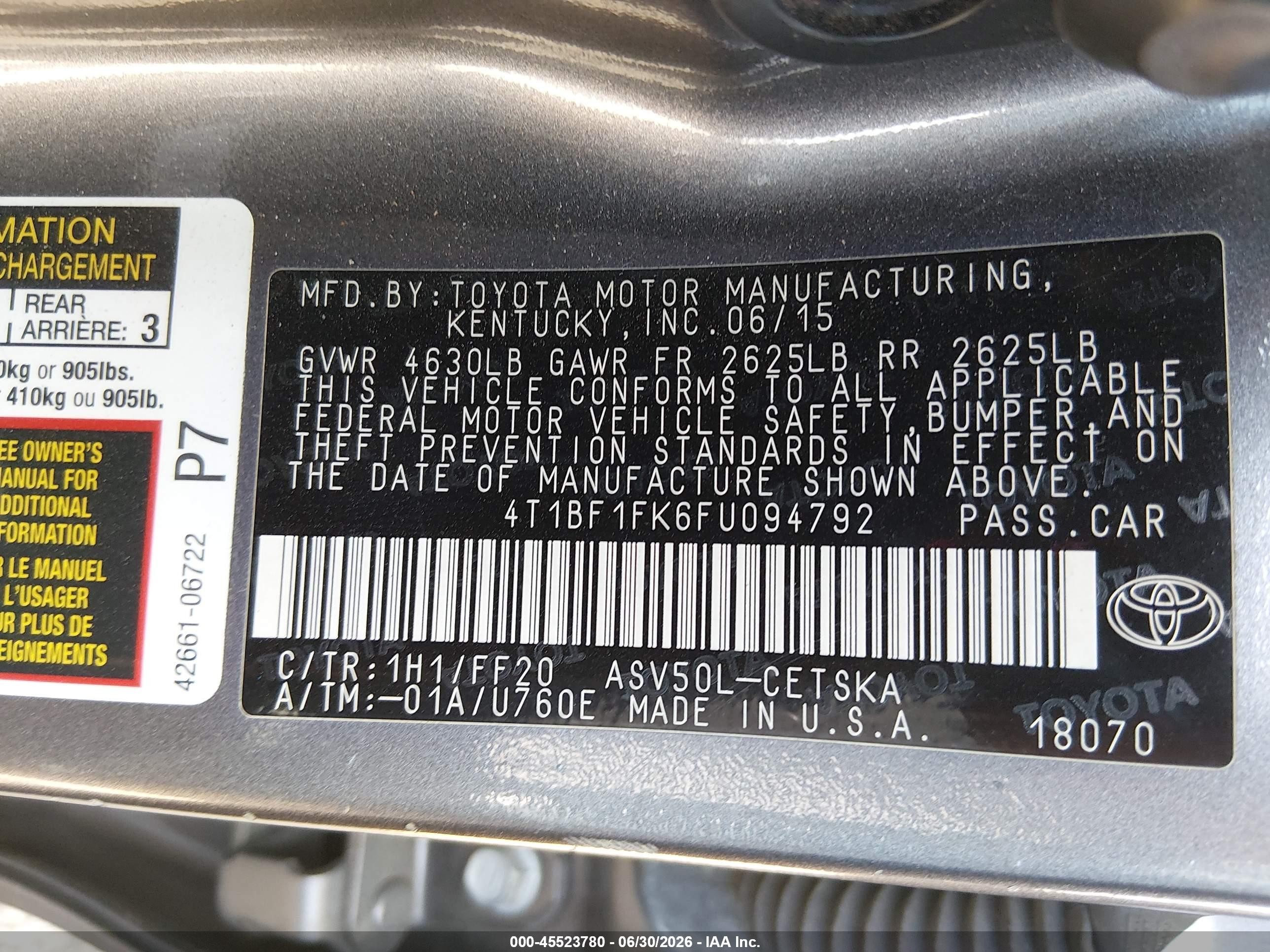 2015 Toyota Camry Se Gray vin: 4T1BF1FK6FU094792