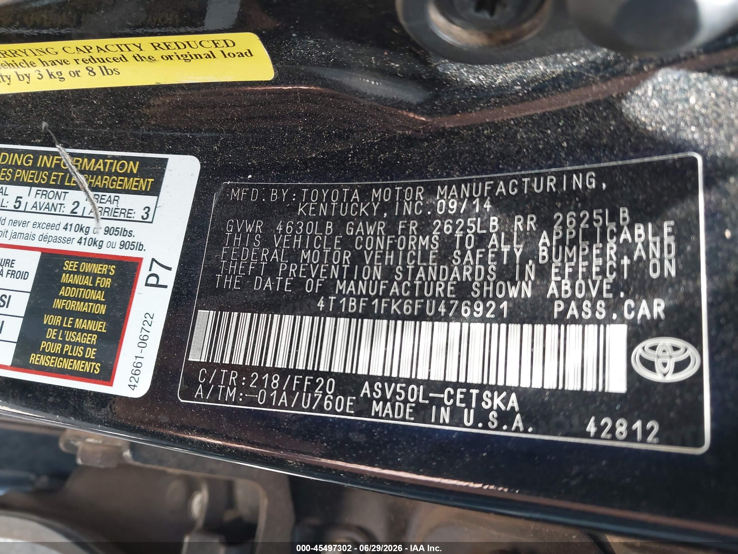 2015 Toyota Camry Se Black vin: 4T1BF1FK6FU476921