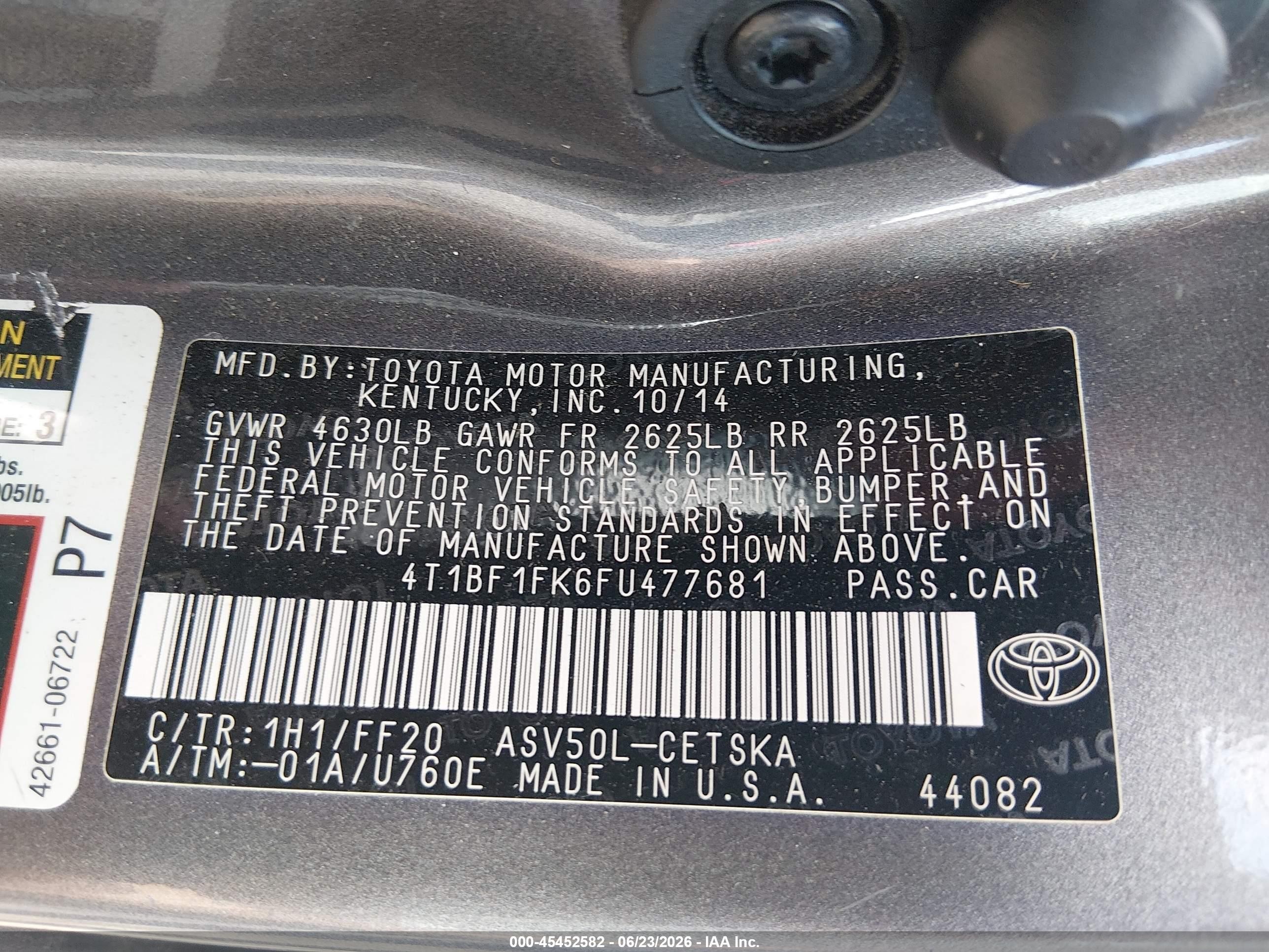 2015 Toyota Camry Se Серый vin: 4T1BF1FK6FU477681