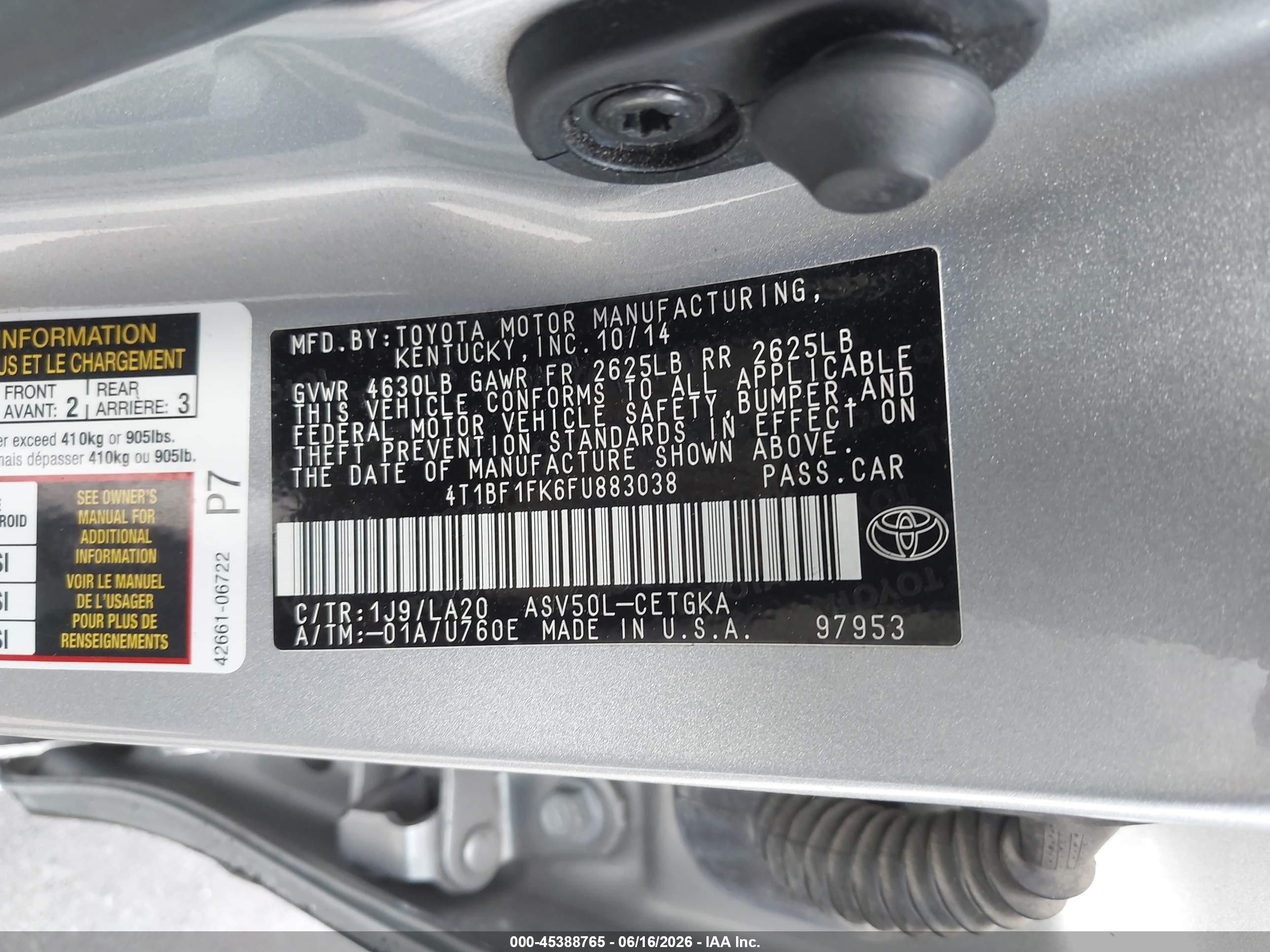 2015 Toyota Camry Xle Silver vin: 4T1BF1FK6FU883038