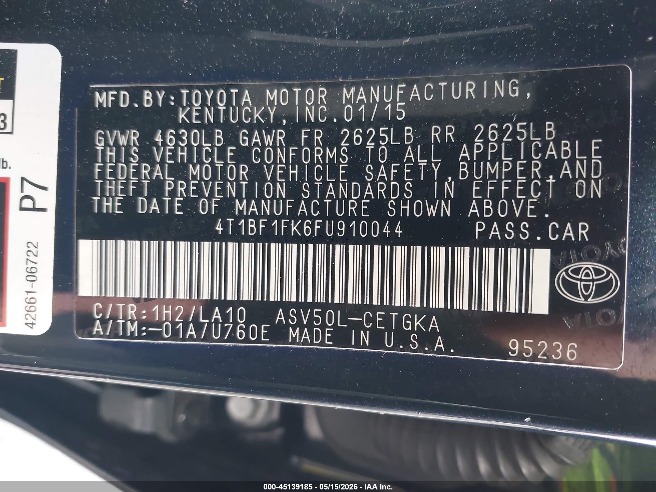 2015 Toyota Camry Xle Green vin: 4T1BF1FK6FU910044