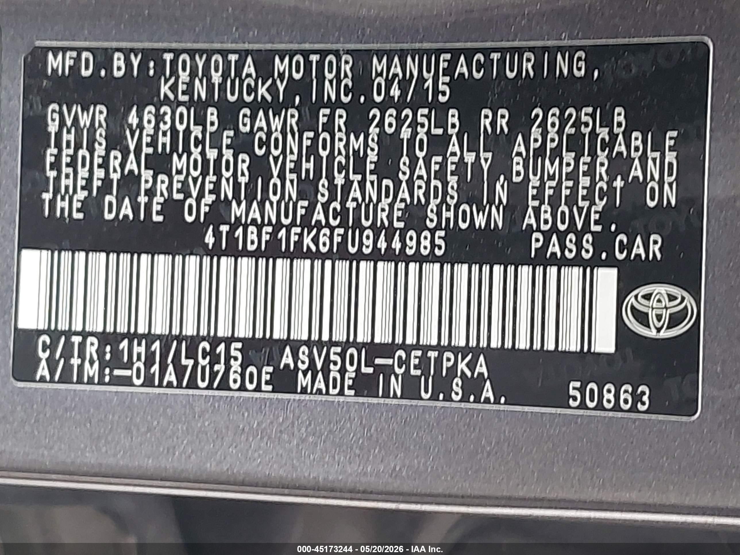 2015 Toyota Camry Xse Gray vin: 4T1BF1FK6FU944985