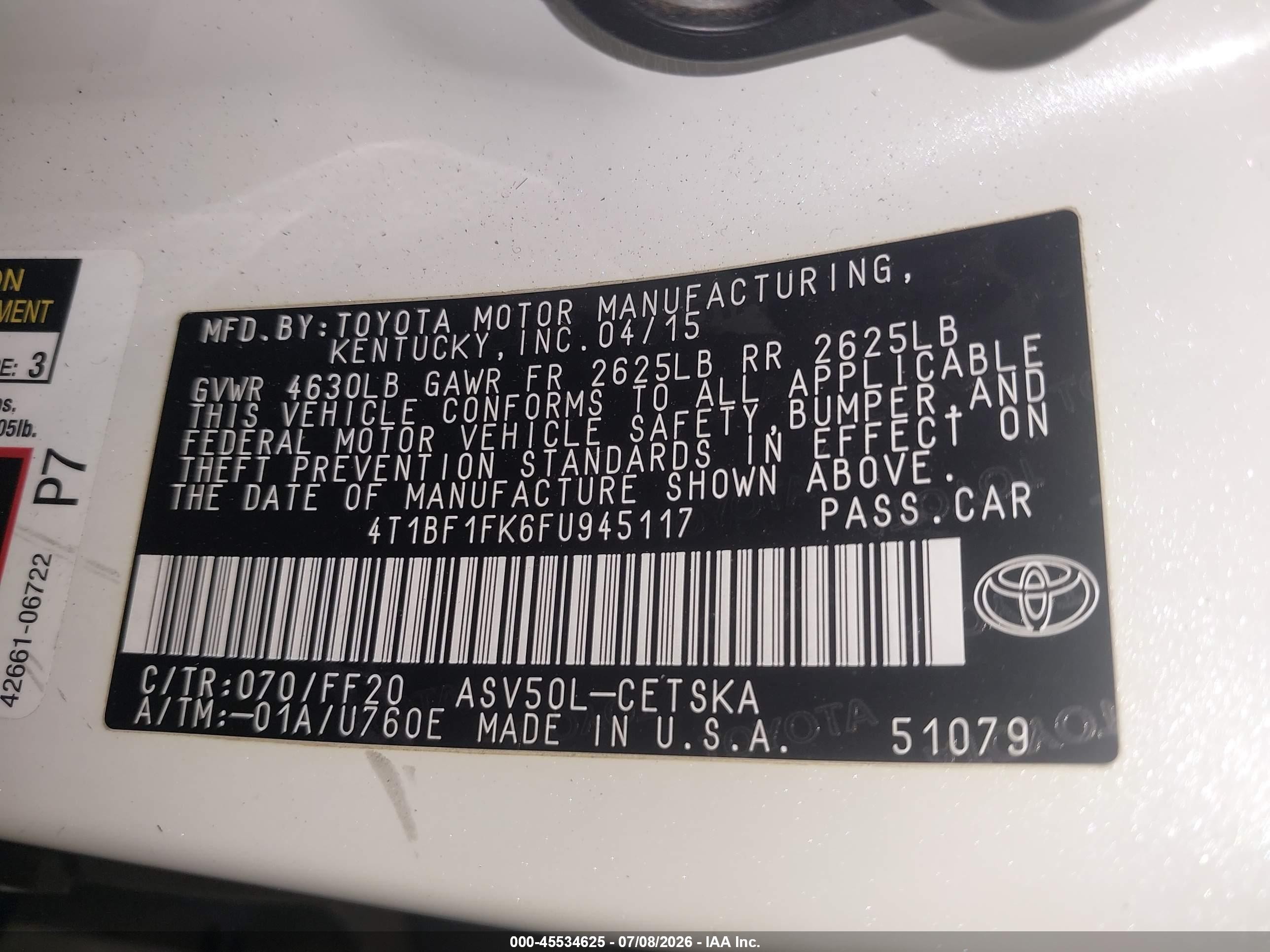 2015 Toyota Camry Se White vin: 4T1BF1FK6FU945117