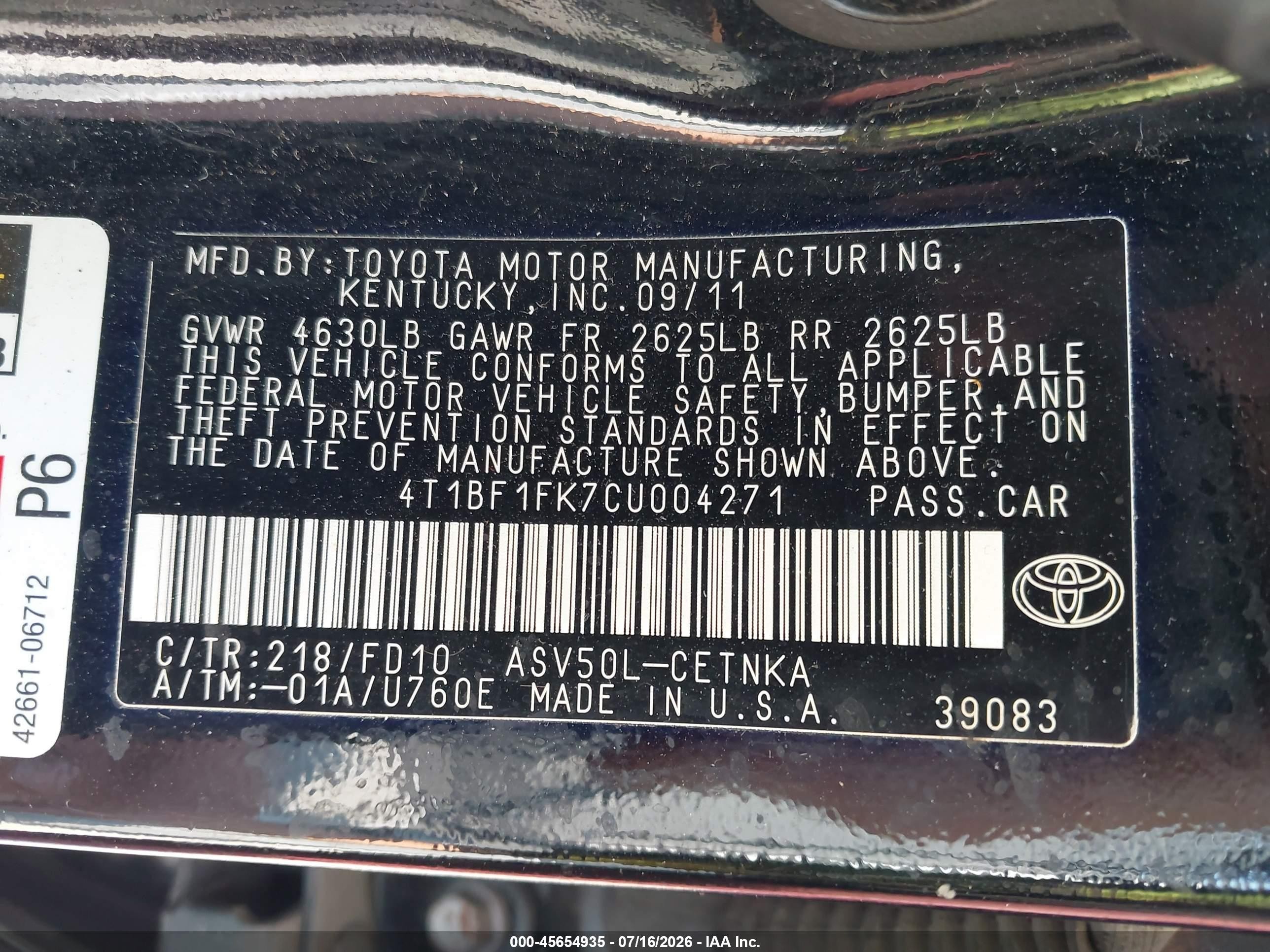 2012 Toyota Camry Le Black vin: 4T1BF1FK7CU004271