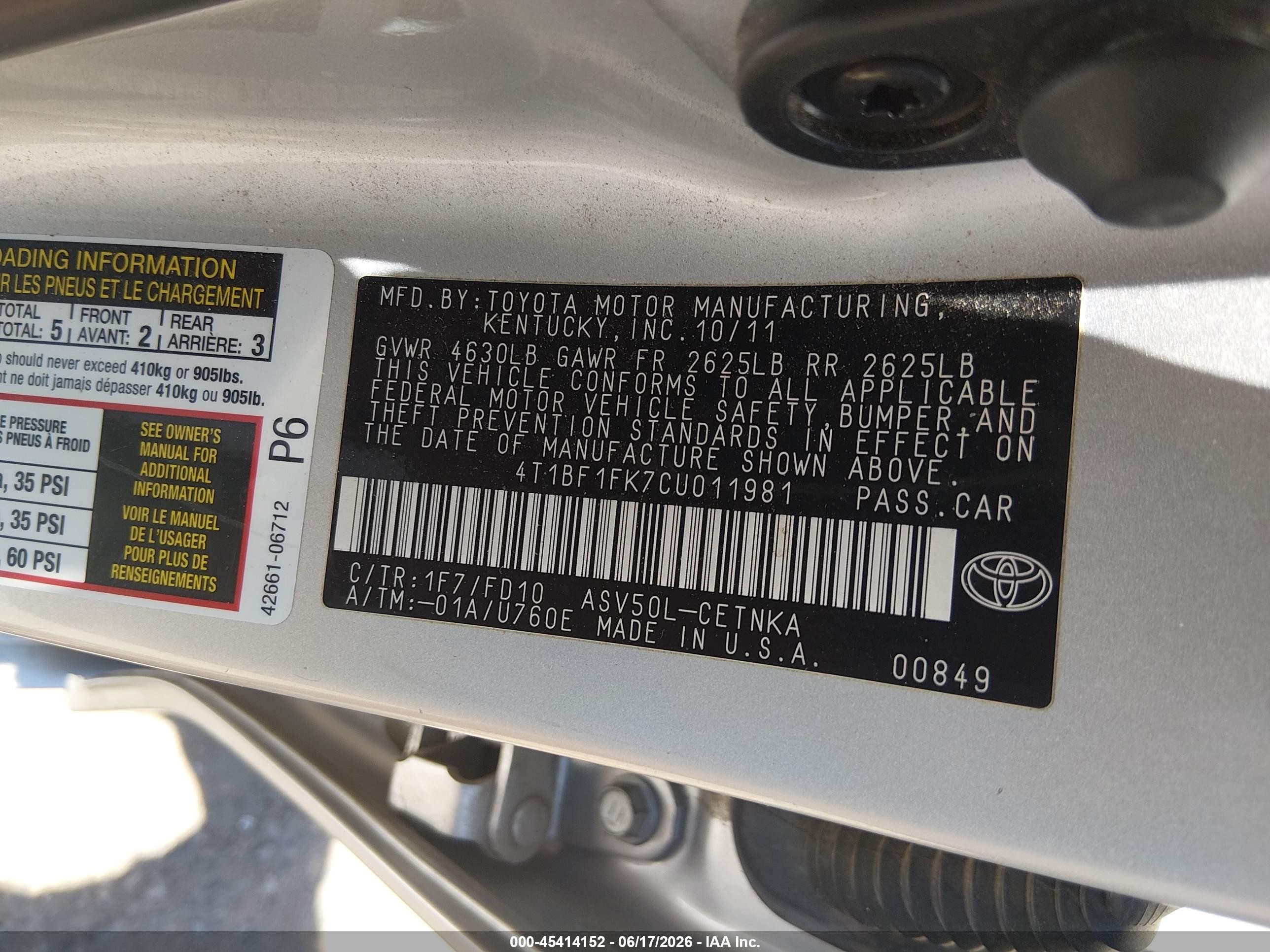 2012 Toyota Camry Le Silver vin: 4T1BF1FK7CU011981