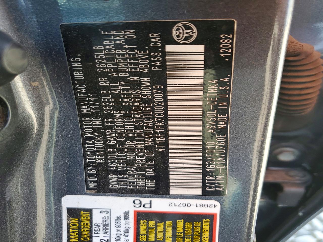 2012 Toyota Camry Le Gray vin: 4T1BF1FK7CU020079