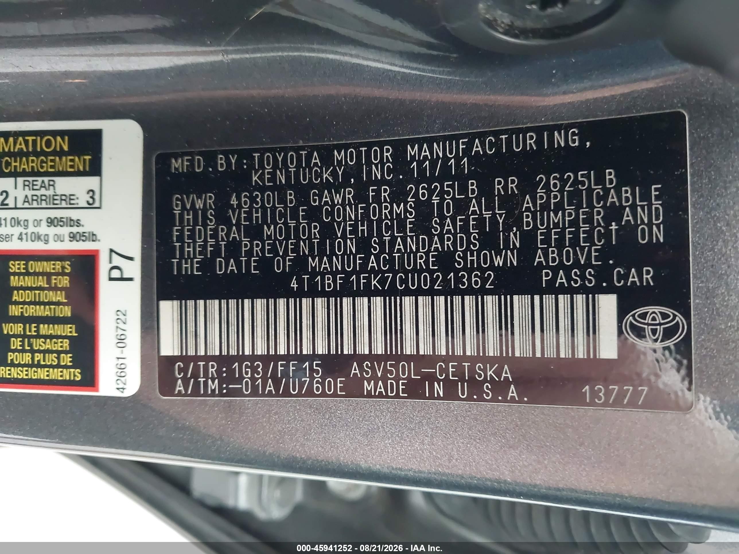 2012 Toyota Camry Se Gray vin: 4T1BF1FK7CU021362