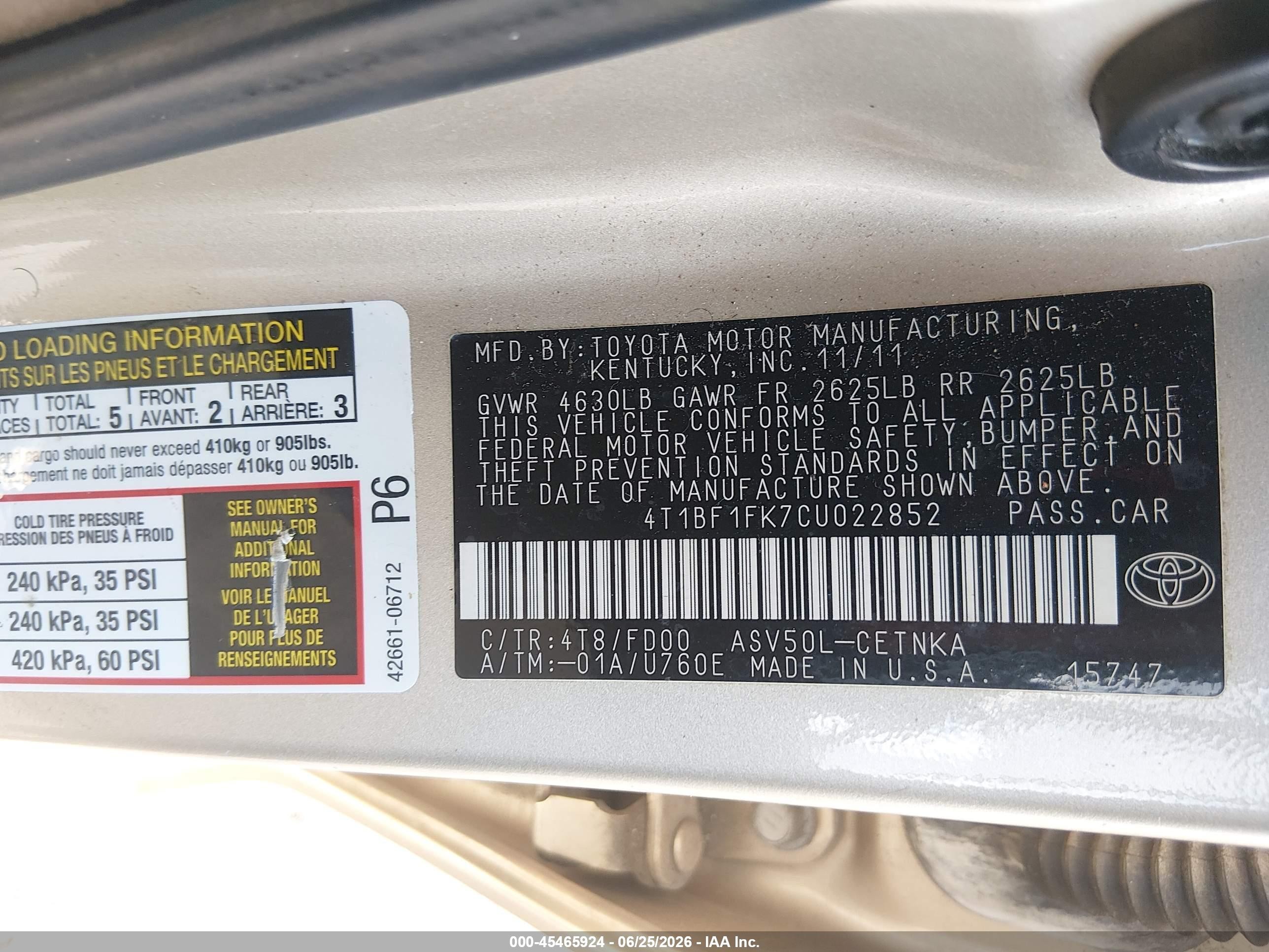 2012 Toyota Camry Le Gold vin: 4T1BF1FK7CU022852