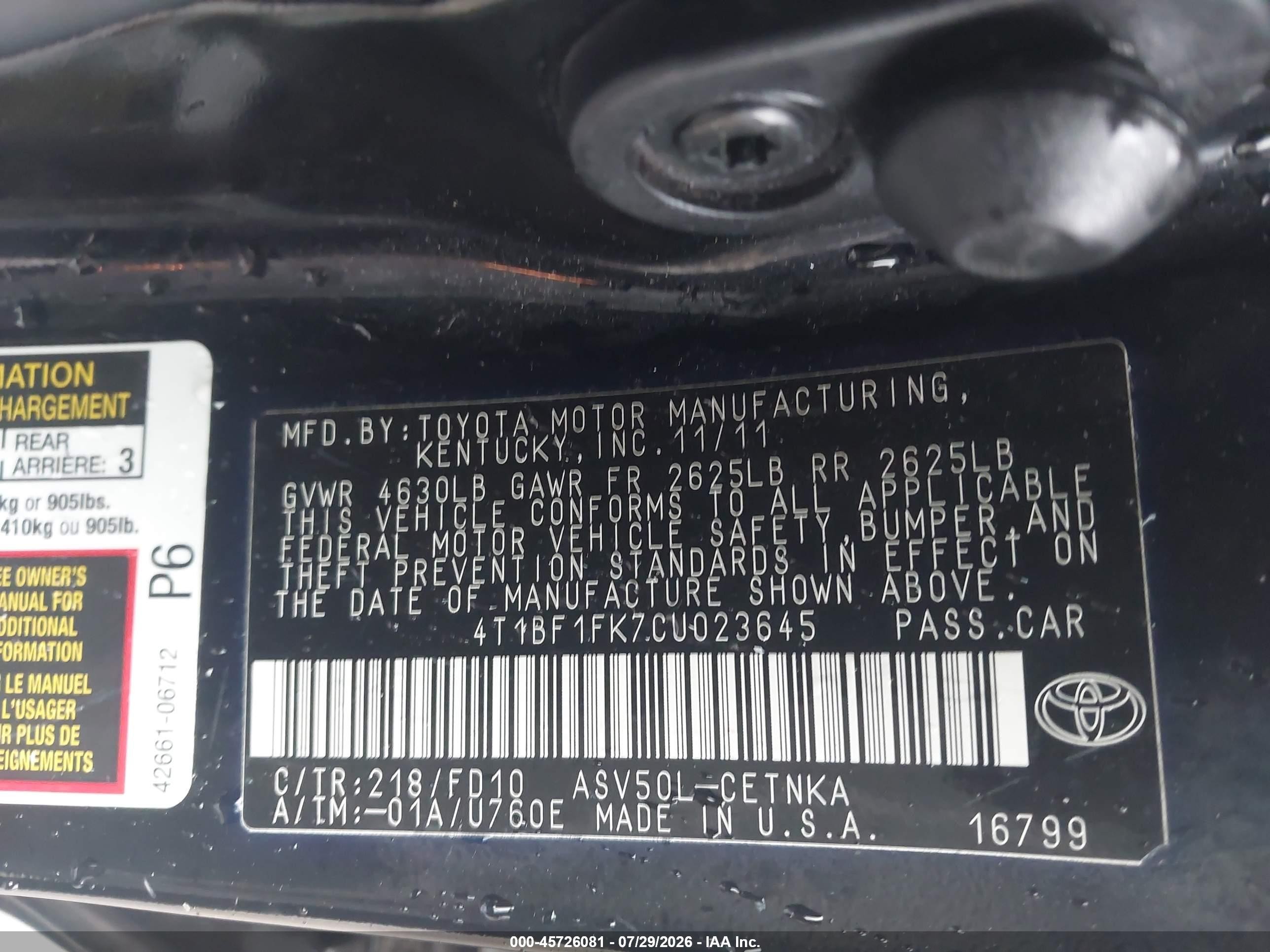 2012 Toyota Camry Le Black vin: 4T1BF1FK7CU023645