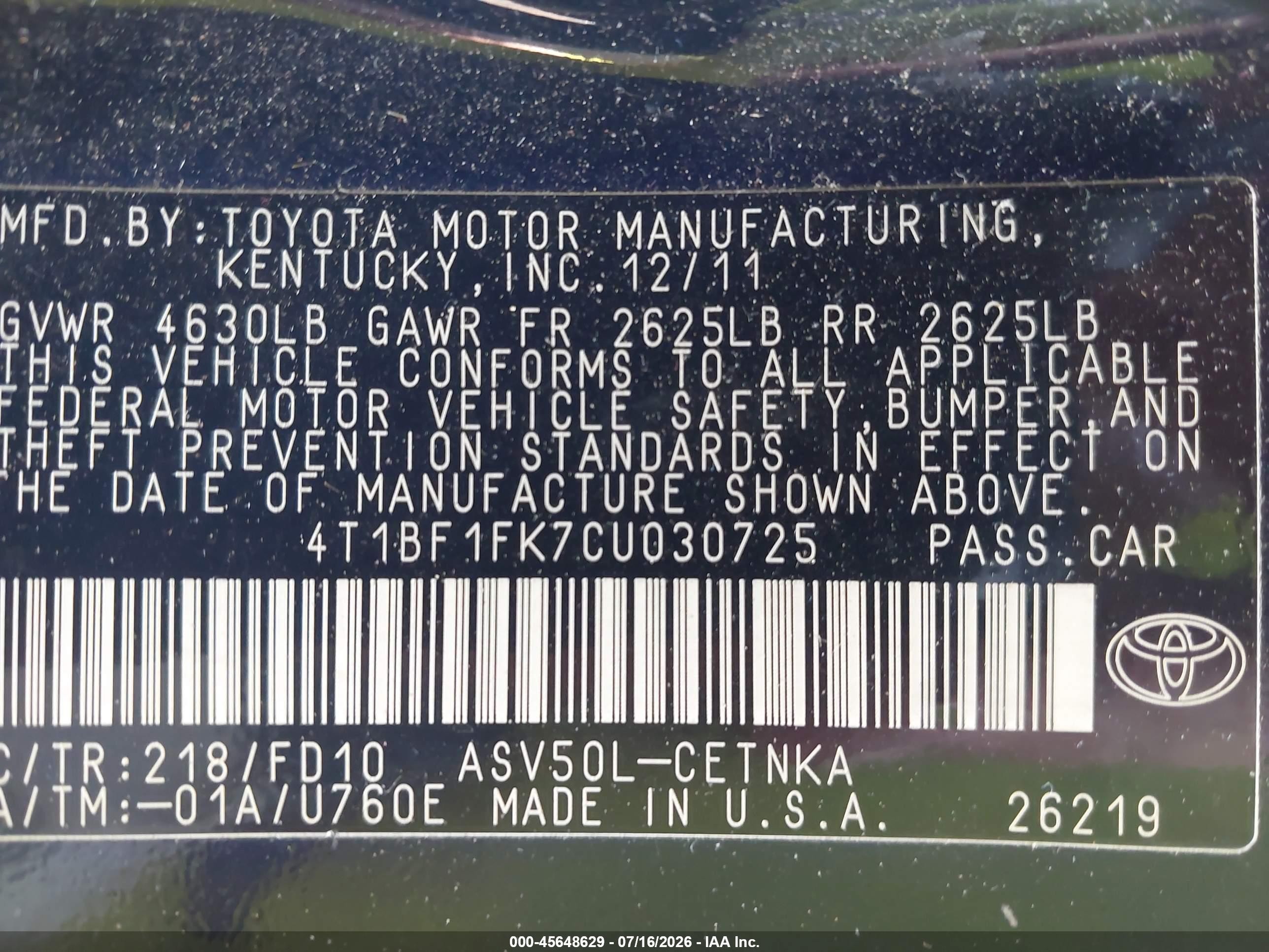 2012 Toyota Camry Le Black vin: 4T1BF1FK7CU030725