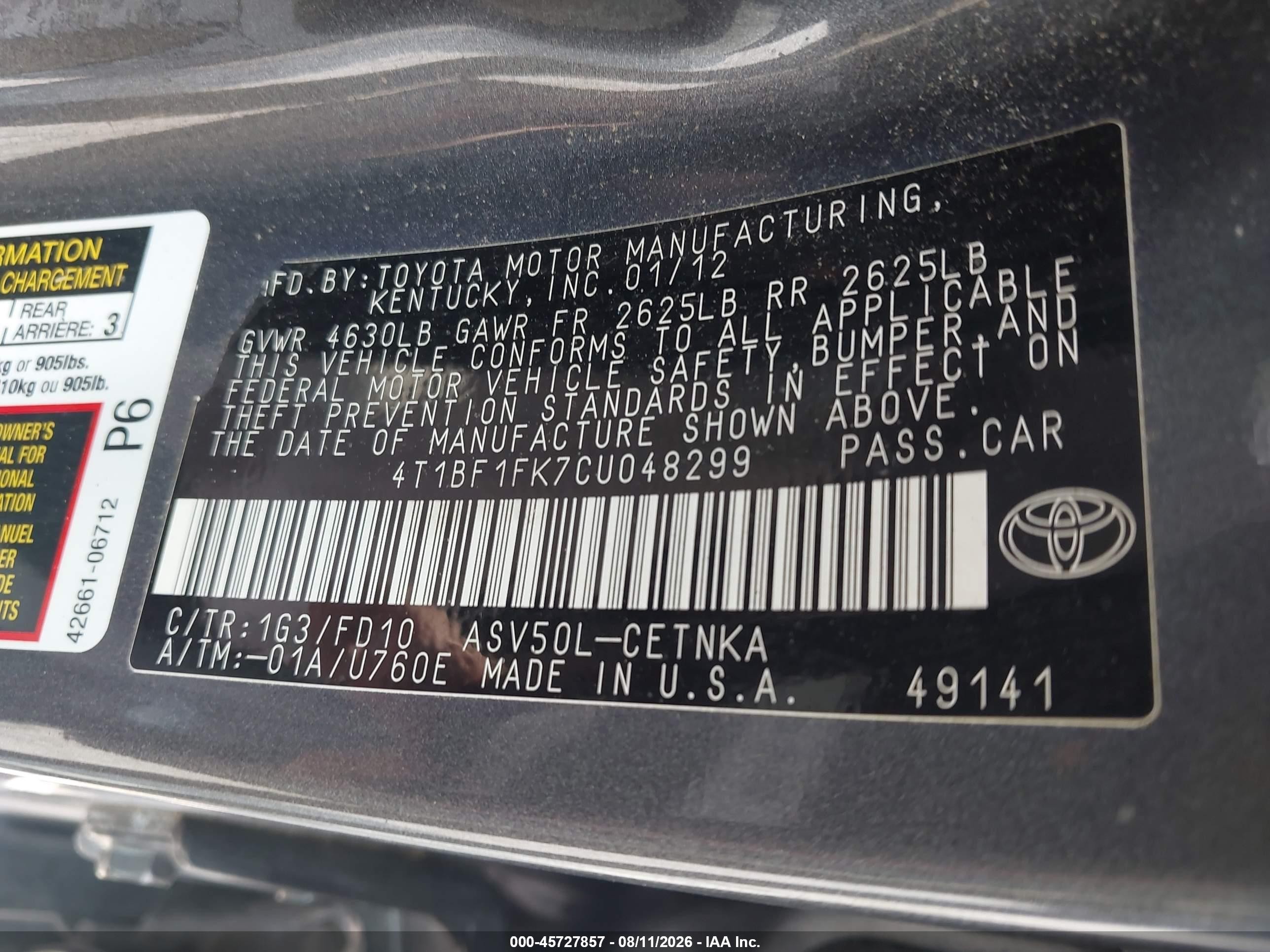 2012 Toyota Camry Le Gray vin: 4T1BF1FK7CU048299