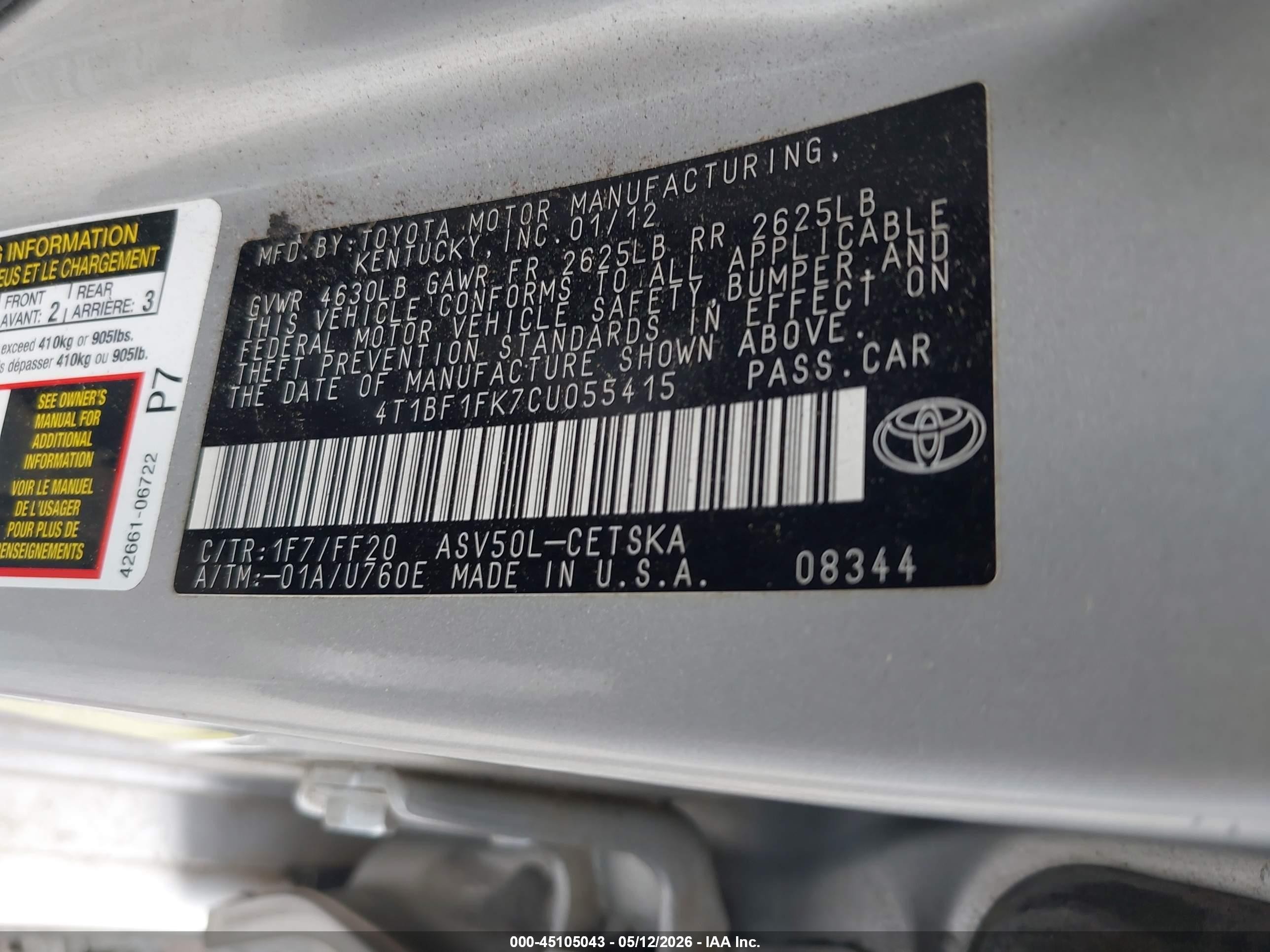 2012 Toyota Camry Se Gray vin: 4T1BF1FK7CU055415