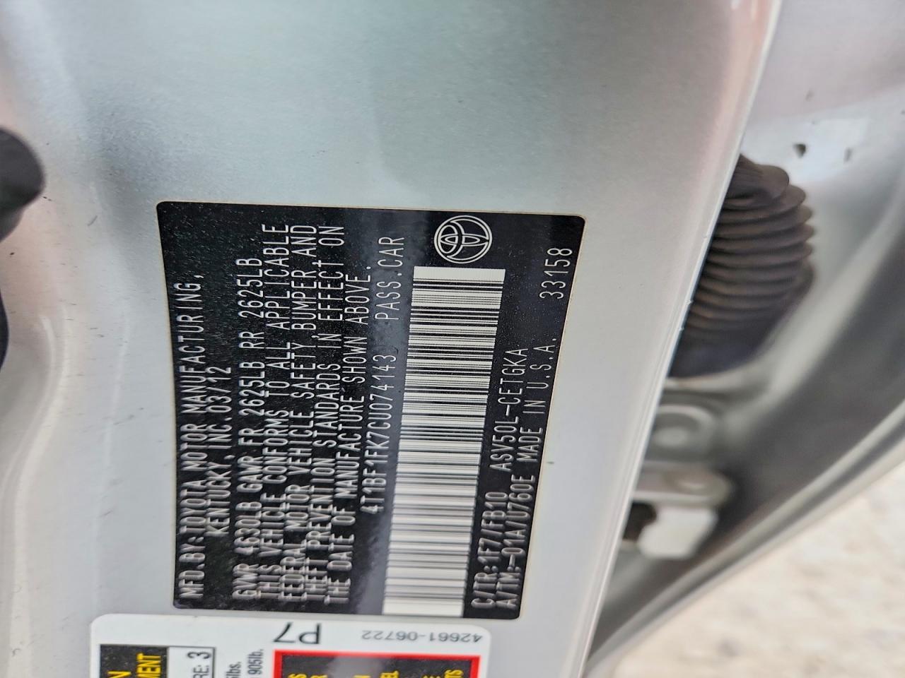 2012 Toyota Camry Xle Silver vin: 4T1BF1FK7CU074143