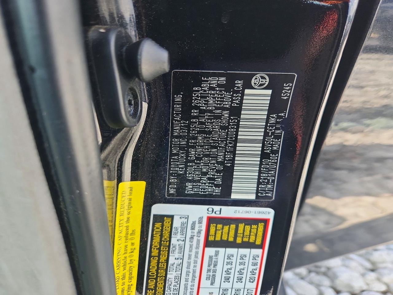 2012 Toyota Camry Le Черный vin: 4T1BF1FK7CU083151