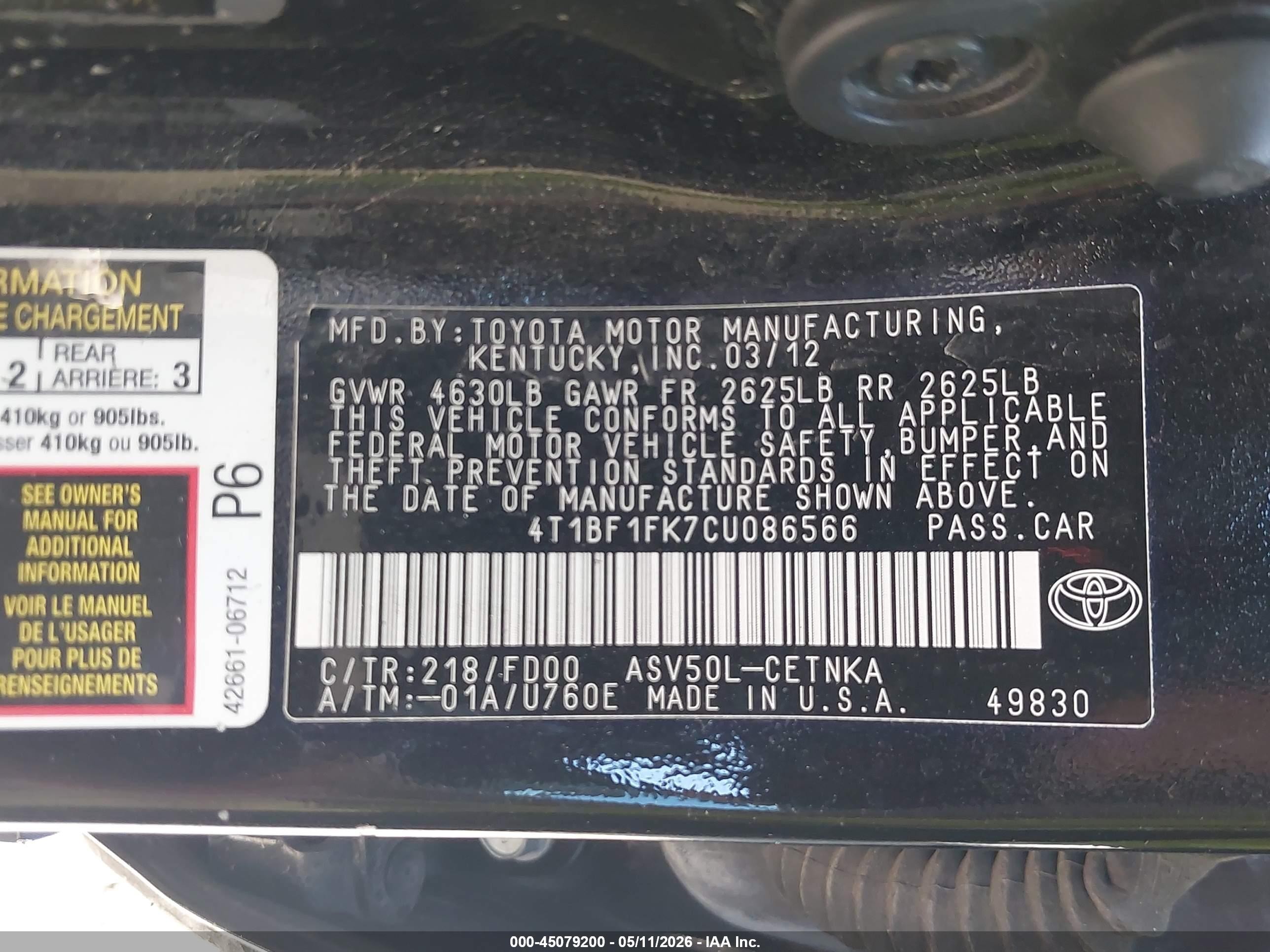 2012 Toyota Camry Le Black vin: 4T1BF1FK7CU086566