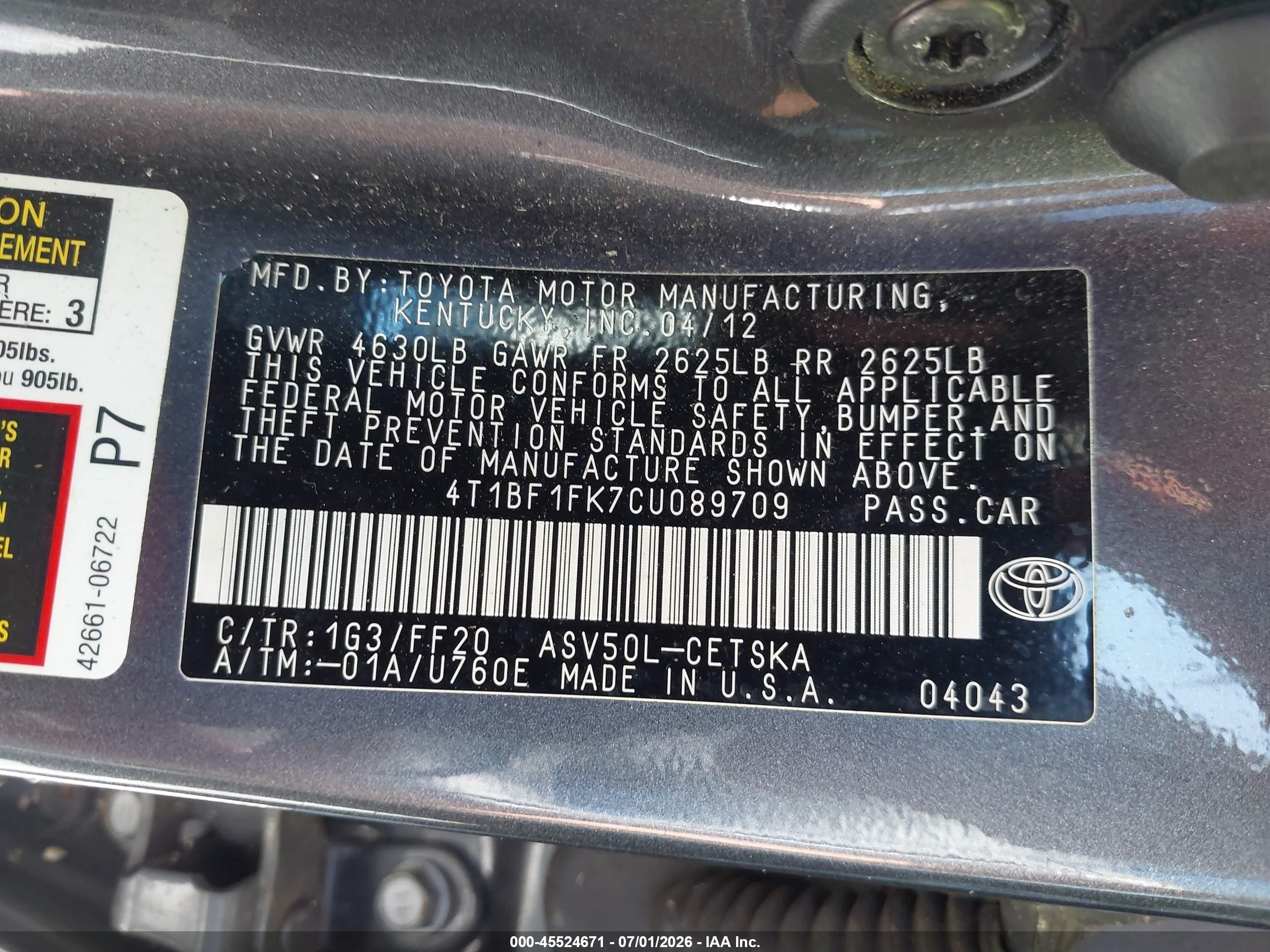 2012 Toyota Camry Se Gray vin: 4T1BF1FK7CU089709
