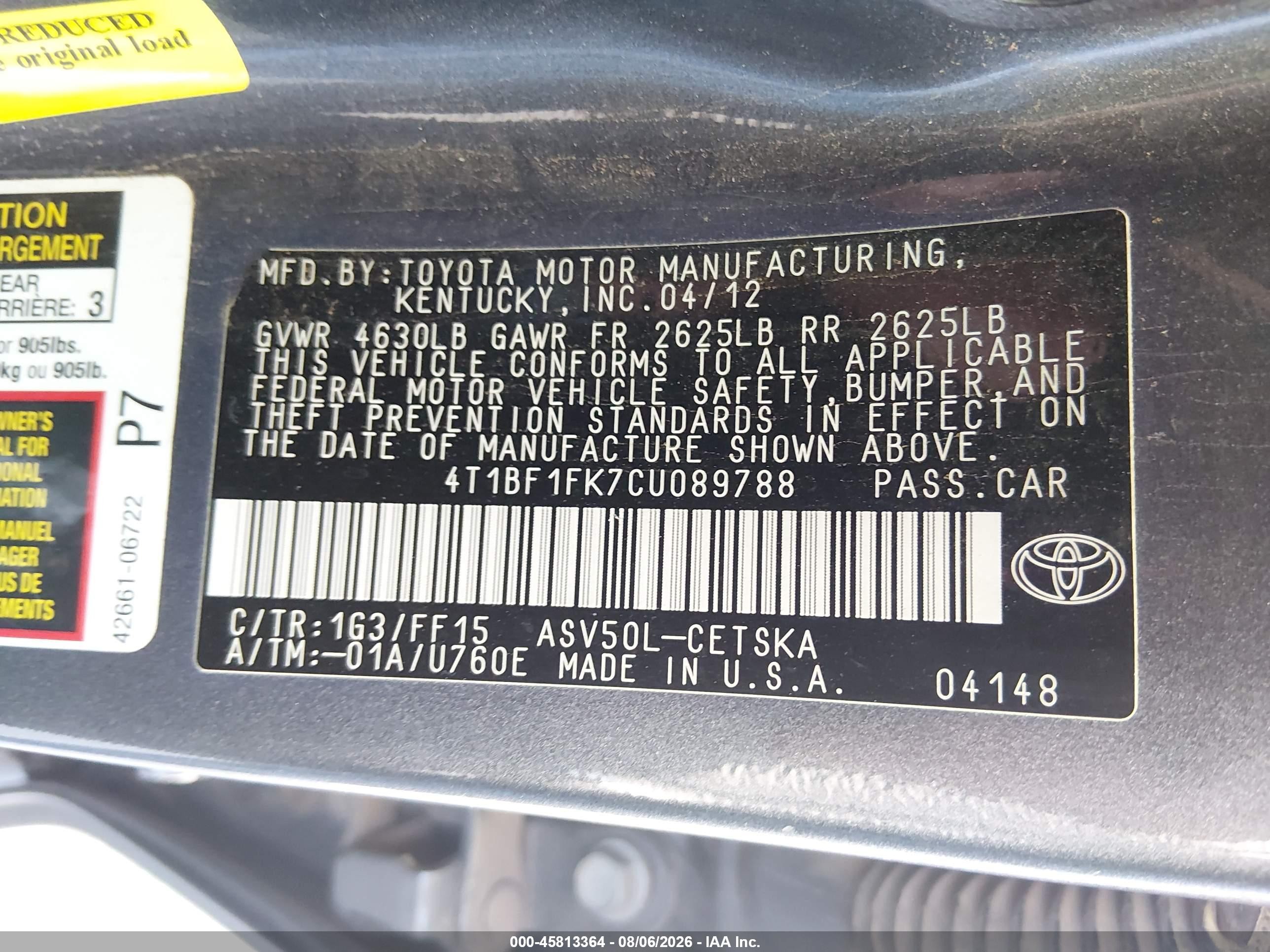 2012 Toyota Camry Se Gray vin: 4T1BF1FK7CU089788