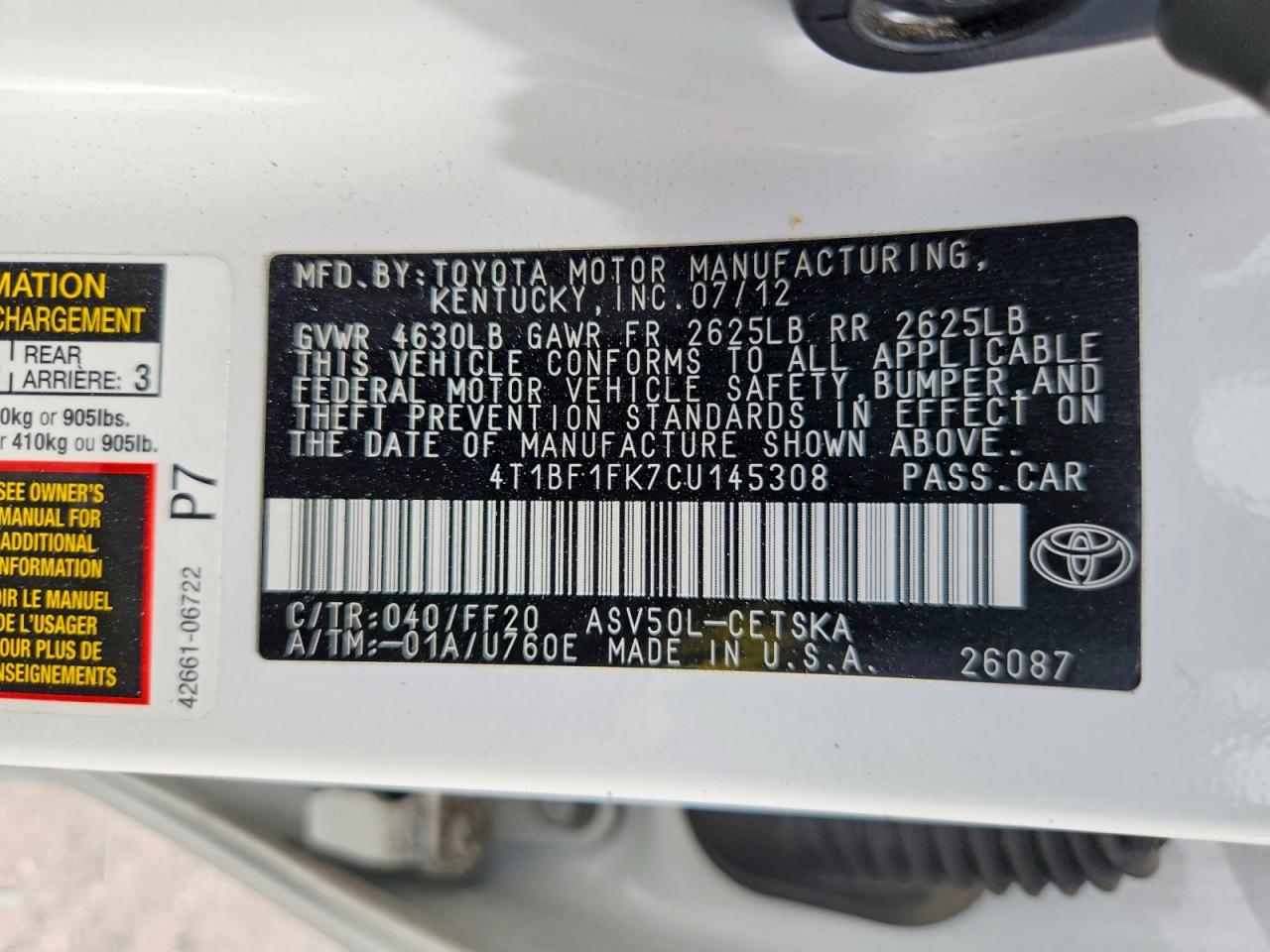 2012 Toyota Camry Se White vin: 4T1BF1FK7CU145308