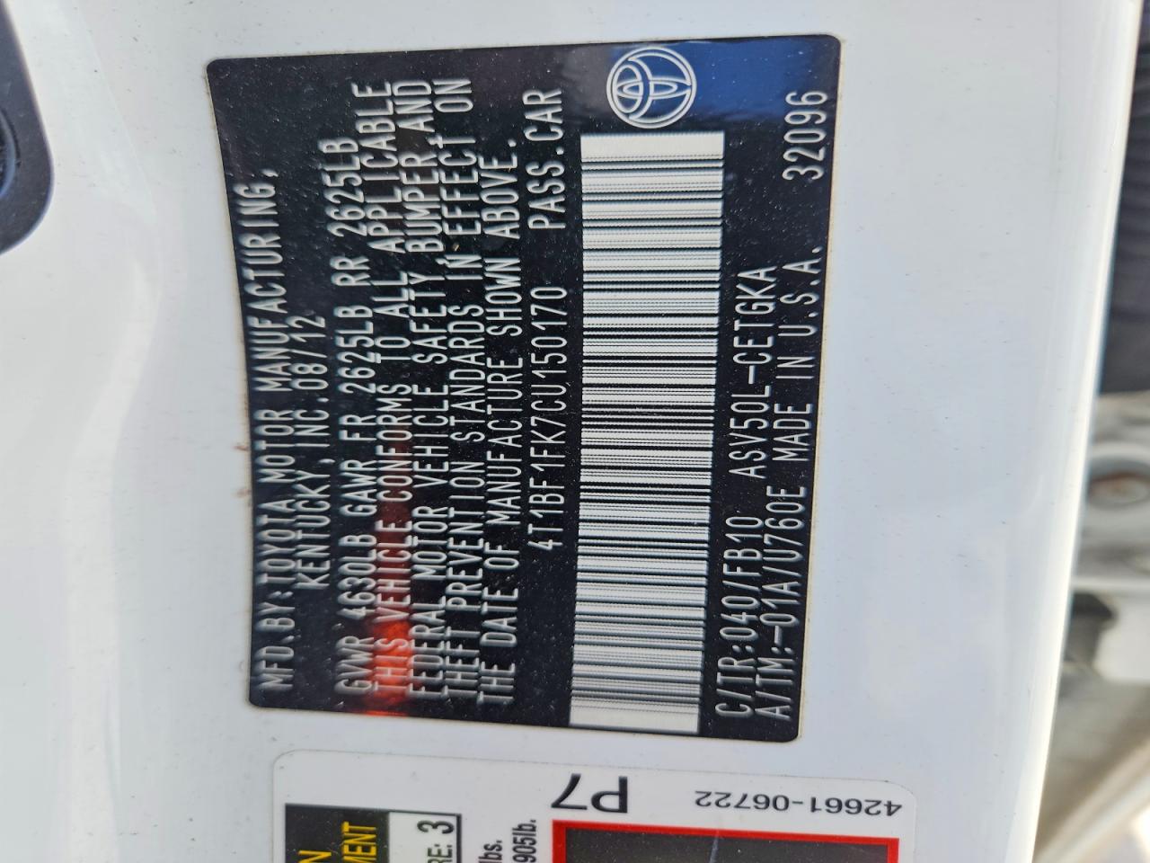 2012 Toyota Camry Xle Белый vin: 4T1BF1FK7CU150170