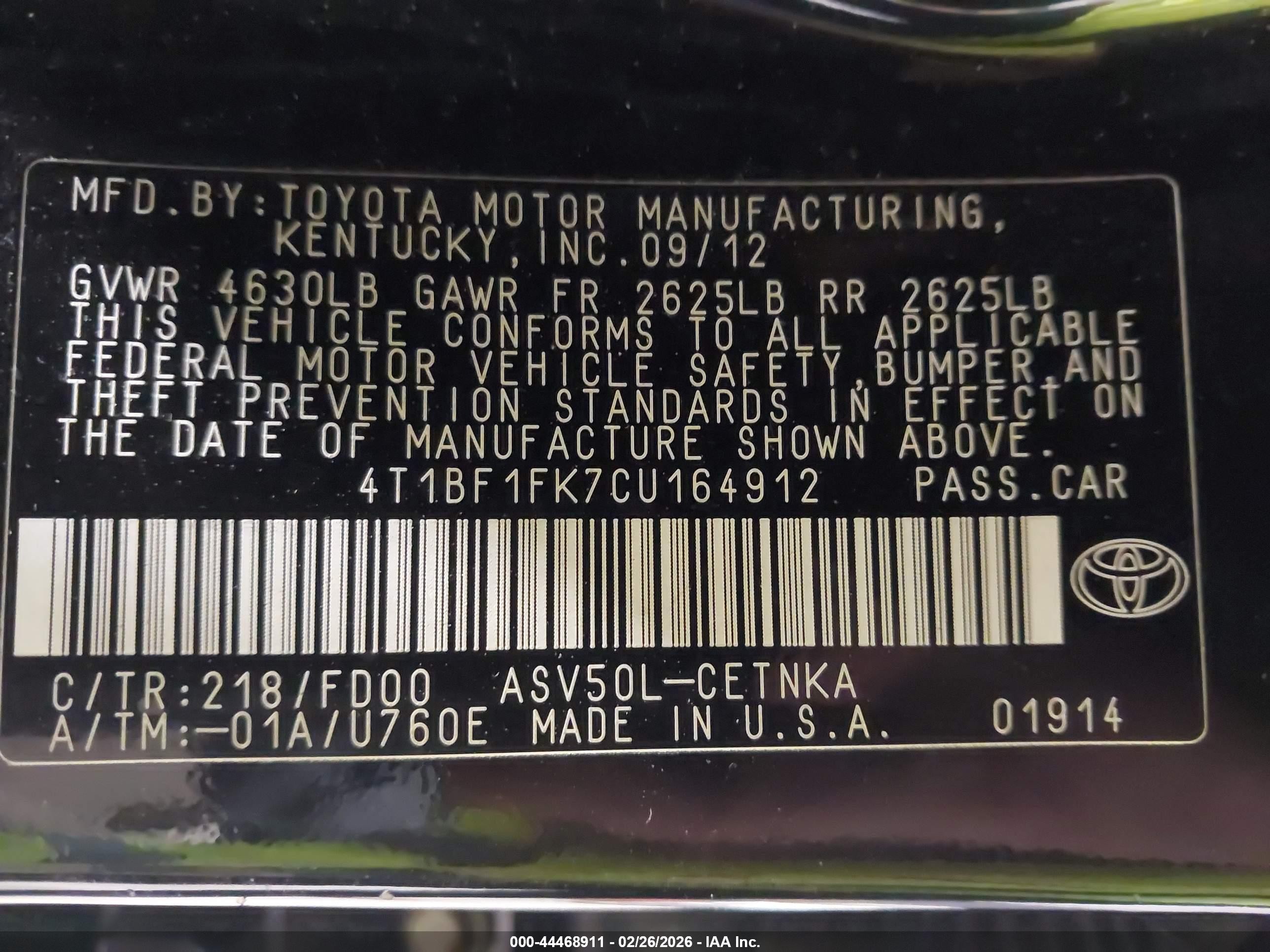 2012 Toyota Camry Le Black vin: 4T1BF1FK7CU164912
